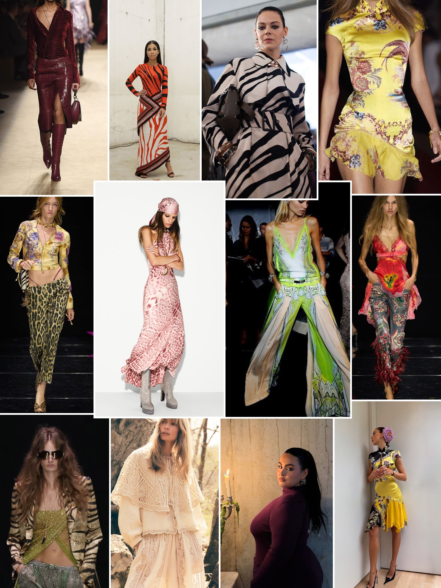 Collage of bold animal prints, colorful dresses and expressive runway and editorial outfits