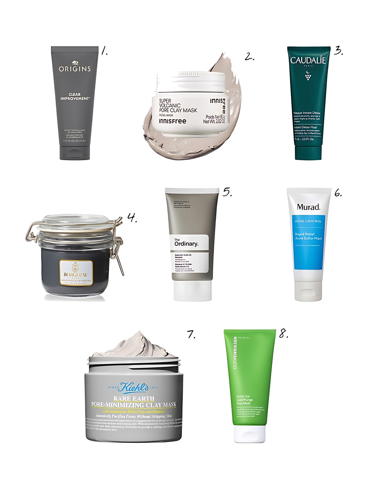 Numbered collage: 1. Origins Clear Improvement Active Charcoal Face Mask to Clear Pores; 2. innisfree Korean Super Volcanic Pore Detoxing Clay Mask for Oil Control ​; 3. Caudalie Pore Minimizing Instant Detox Mask; 4. Borghese Fango Purificante Purifying Mud for Face & Body 7.5 oz.; 5. The Ordinary Salicylic Acid 2% Masque Clarifying Charcoal & Clay Mask for Blemish Prone Skin; 6. Murad Rapid Relief Acne Sulfur Clay Mask with Salicylic Acid; 7. Kiehl's Since 1851 Rare Earth Clay Face Mask for Pores & Uneven Texture; 8. OLEHENRIKSEN Violet Ice Cold Plunge Pore Clay Mask