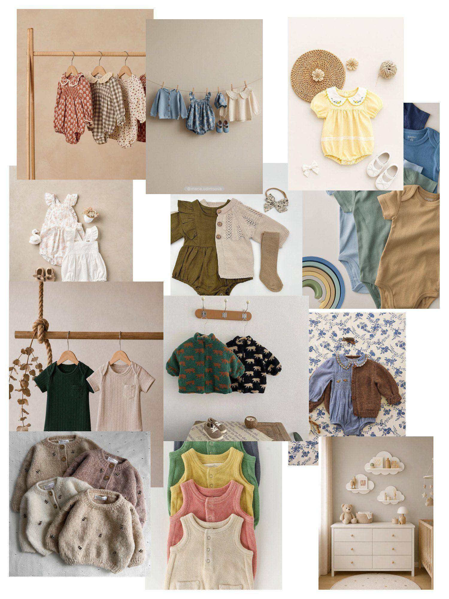 Scatter collage of baby clothes laid flat and hung on rails: rompers, bodysuits, knit sets and a tidy dresser