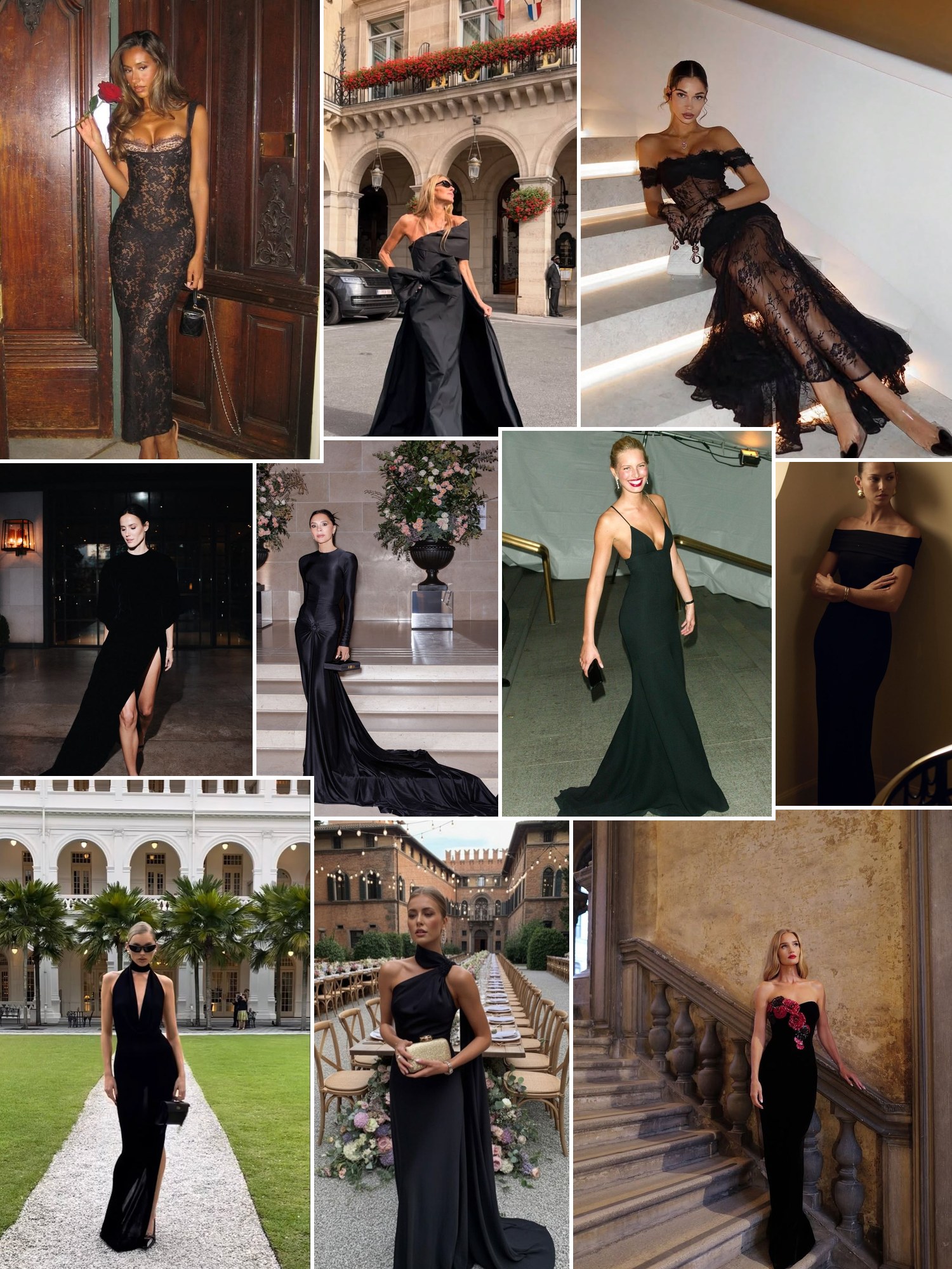 Street style collage of women in black tie gowns