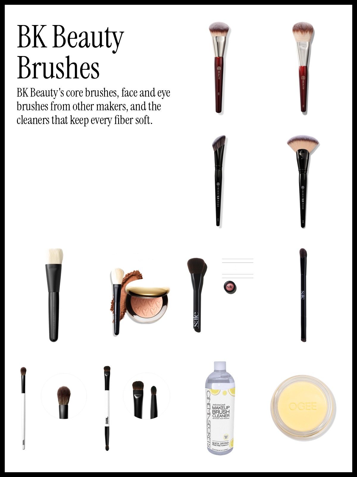 Collage of BK Beauty 101 Contoured Foundation Brush, Westman Atelier Liquid Foundation Brush and Saie Dual-Ended Eyeshadow Brush