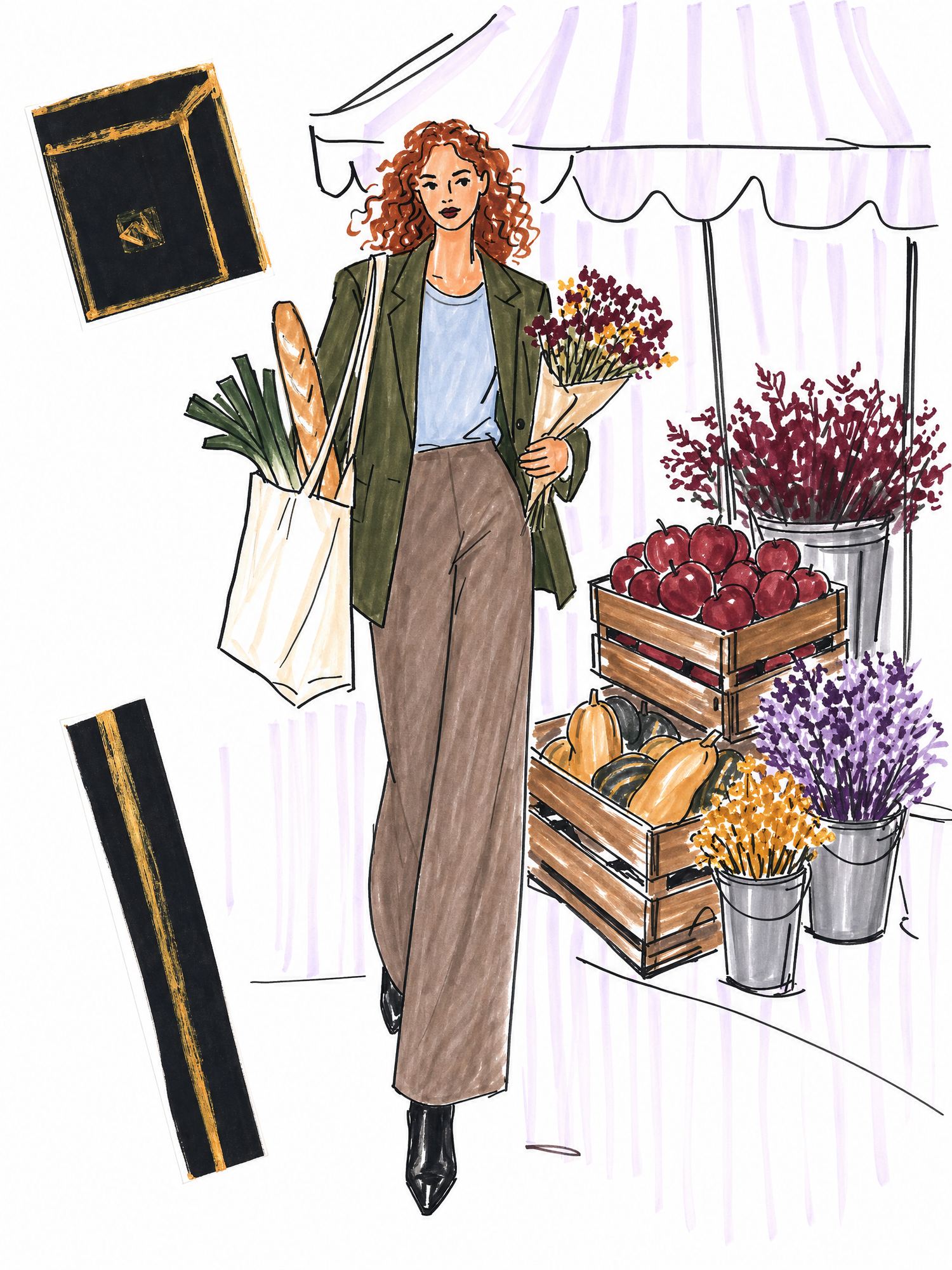 Illustration of a woman at a farmers market in a green blazer, sky blue cashmere T-shirt, taupe wide-leg trousers and black ankle boots
