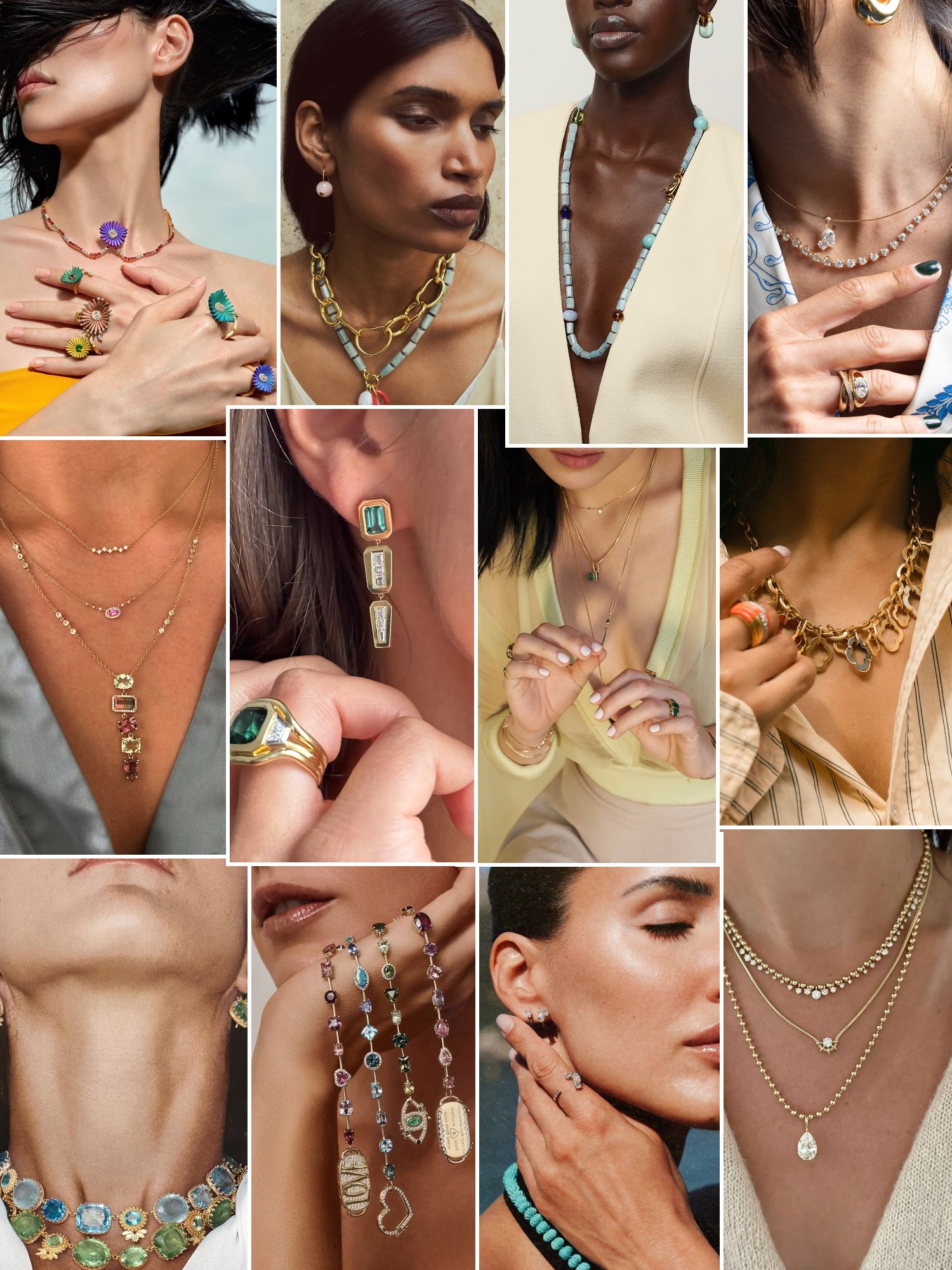 Collage of rings, earrings and layered necklaces worn up close, in the spirit of Tacit Jewelry by Michelle Fantaci