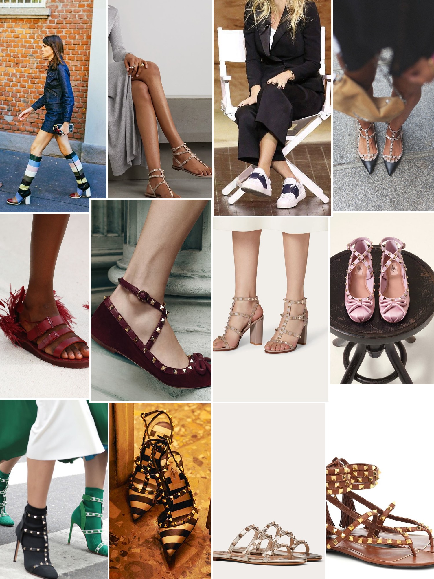 Collage of shoes styled with city, runway and evening outfits that capture the Valentino Garavani mood
