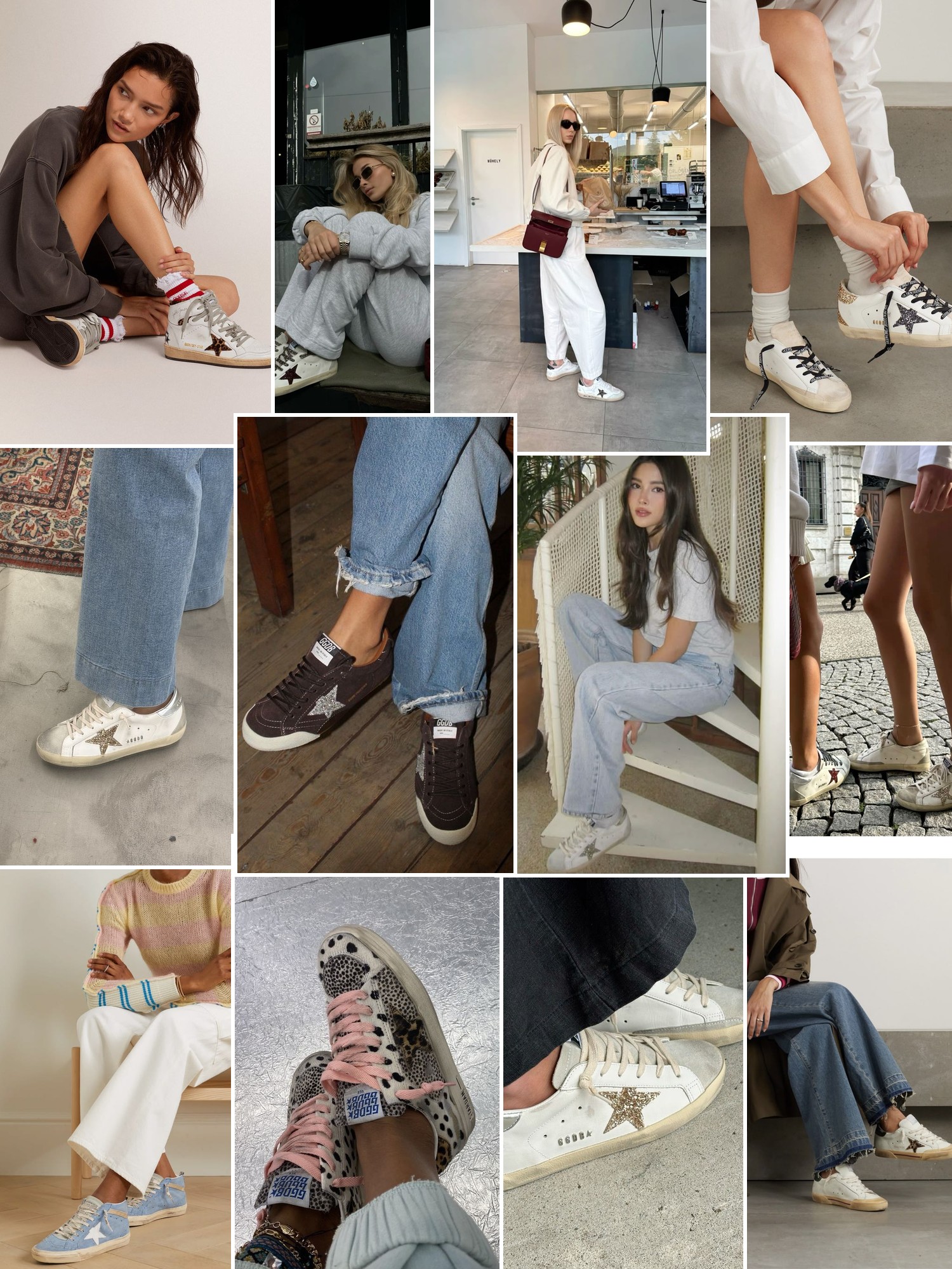 Collage of shoes styled with city, runway and evening outfits that capture the Golden Goose mood