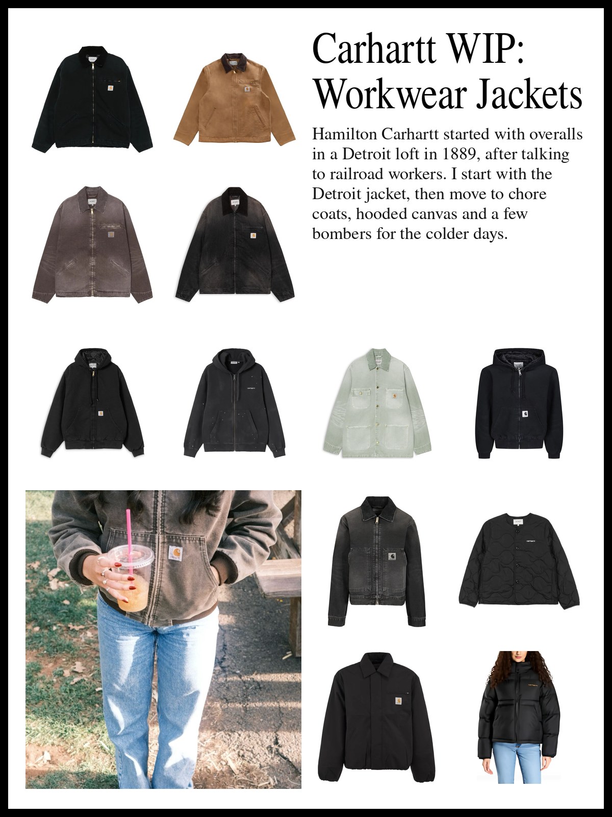 Collage of Detroit and OG Detroit jackets, hooded, chore and denim jackets, and bomber, quilted and fleece jackets, and a mood photo of a brown canvas Carhartt hooded jacket worn with light jeans and an iced coffee.