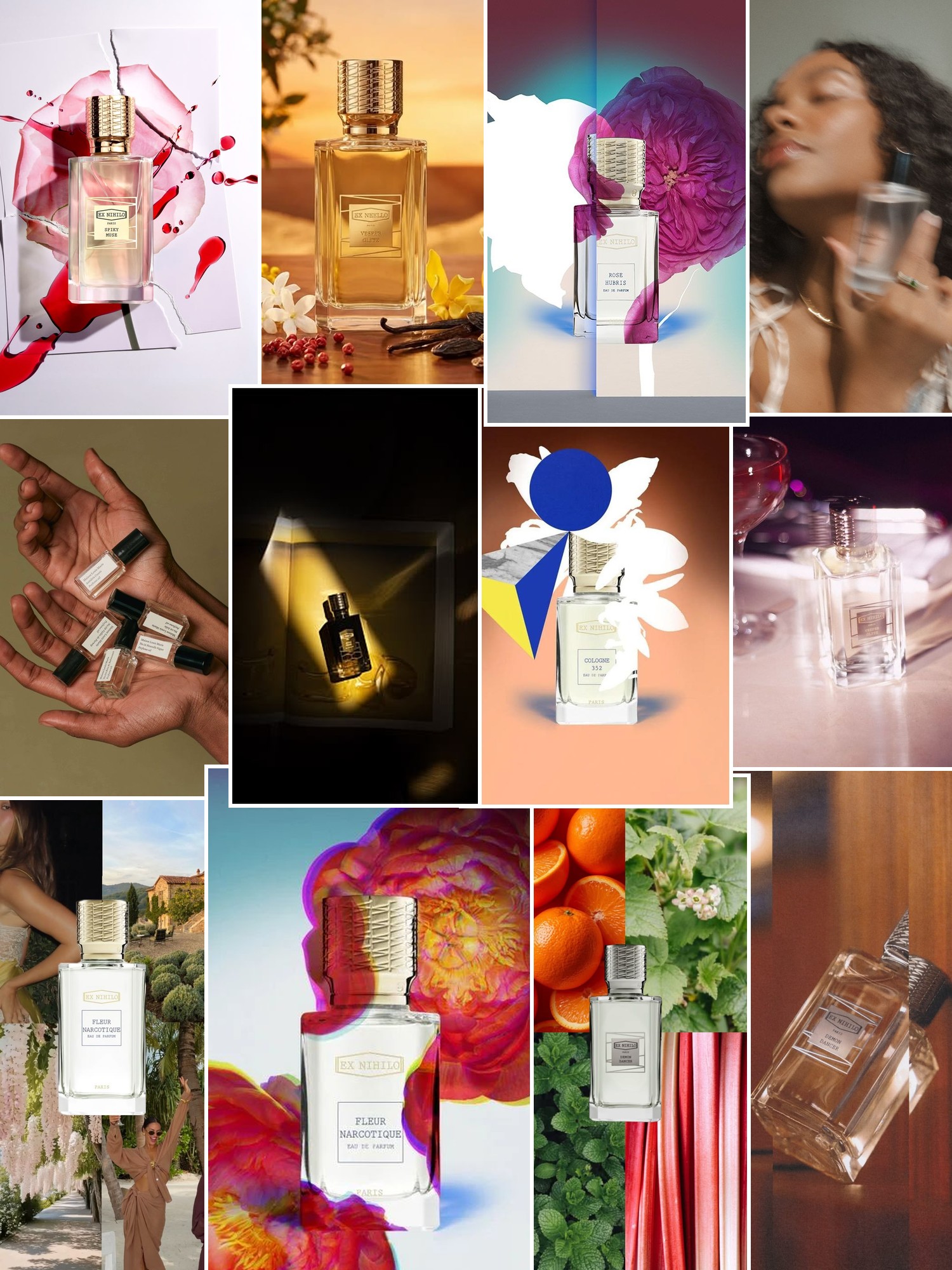 Collage of floral perfume bottles, warm woods and abstract fragrance moods.