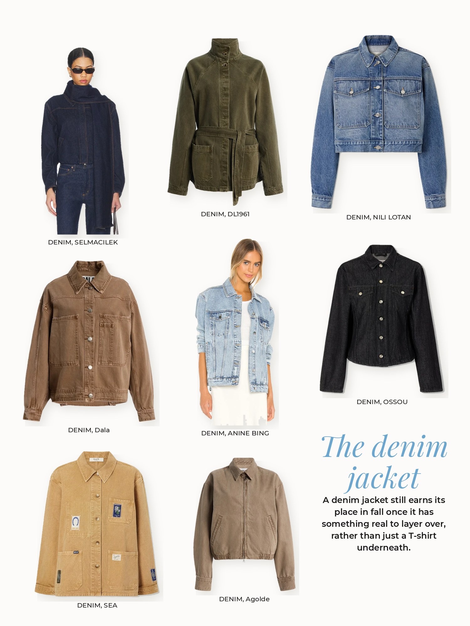 Denim jacket collage: ANINE BING, Agolde, DL1961, Dala, NILI LOTAN, OSSOU, SEA, SELMACILEK