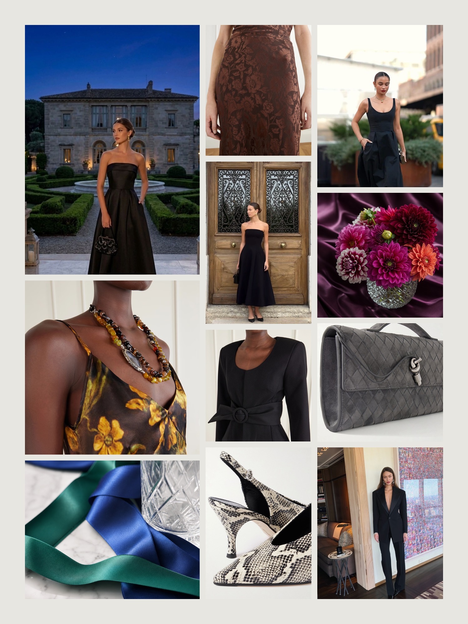 Mood board of semi-formal attire in jewel tones in satin