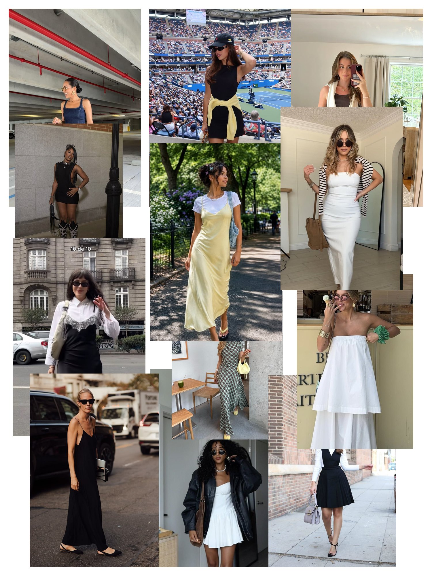 Street-style collage of 12 outfit photos featuring dresses for women, scattered and overlapping