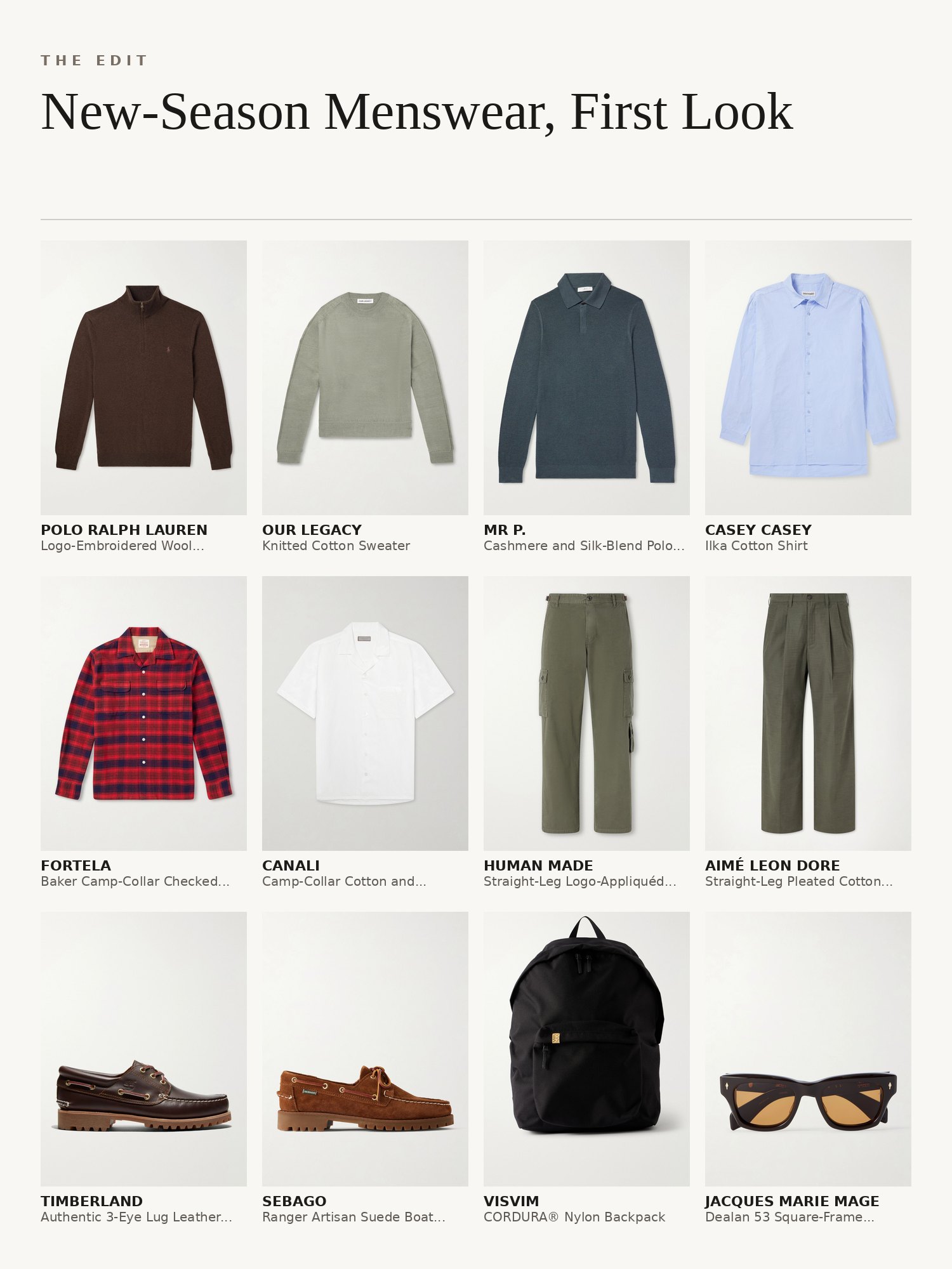 Collage of new-season menswear: knit sweaters and cardigans, checked flannel shirts, brown trousers, suede shoes and acetate sunglasses