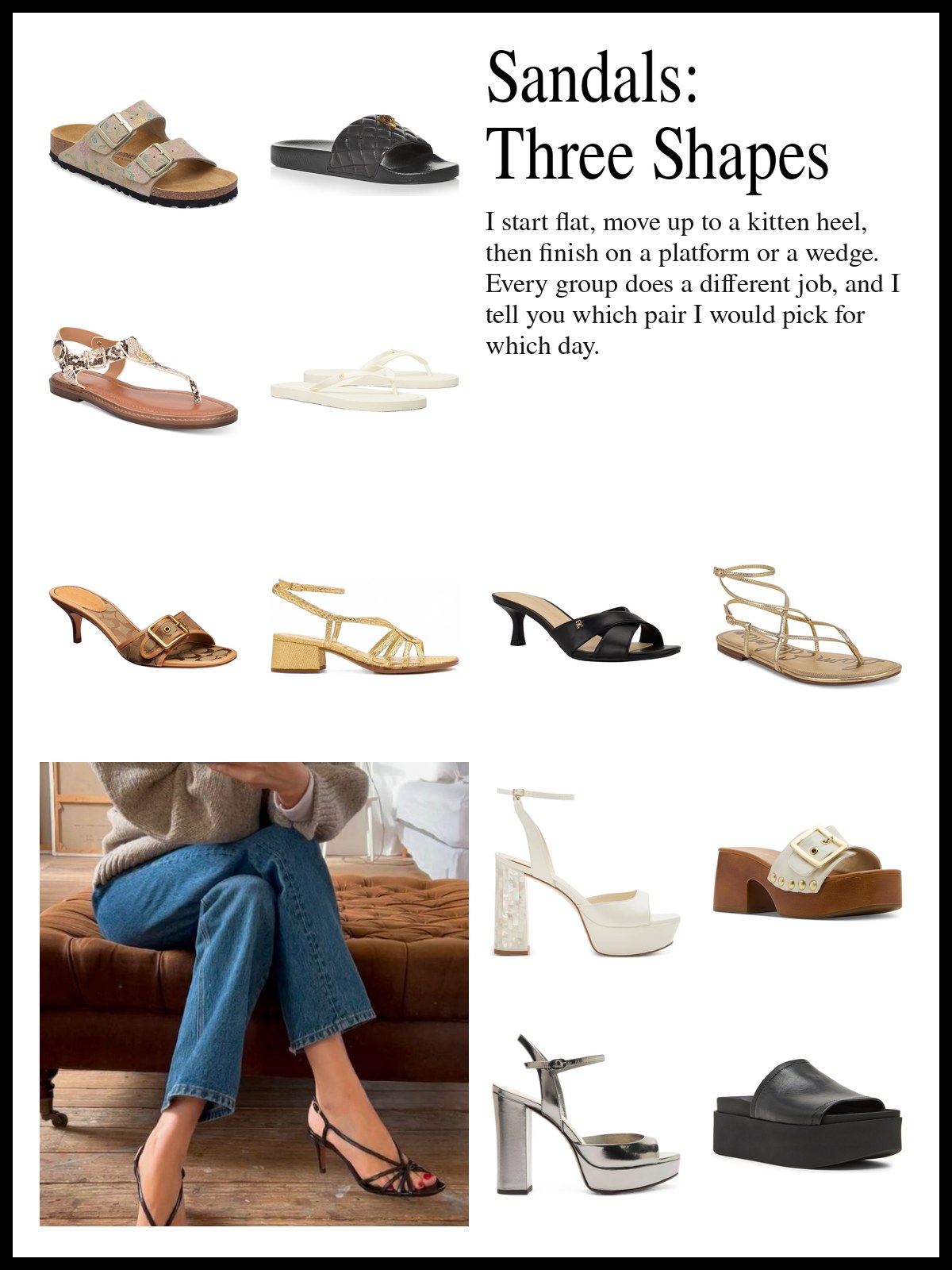 A collage of flat slides, kitten heel and stiletto sandals, platforms and wedges, and a mood photo of a woman in jeans and black strappy heeled sandals on a velvet bench.