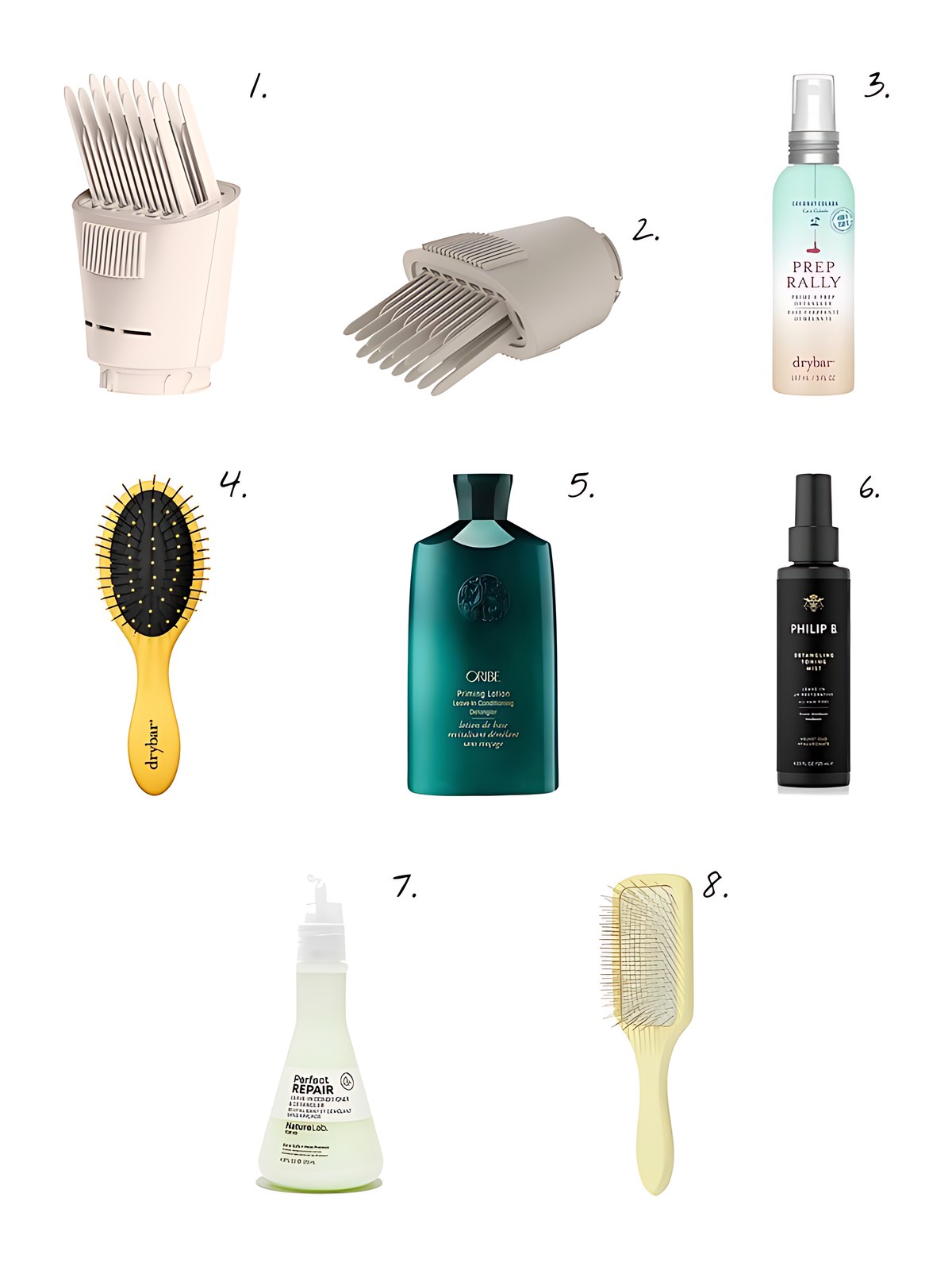 Numbered collage: 1. Shark Beauty SpeedStyle Lift & Stretch Wide-Tooth Comb; 2. Shark Beauty FlexStyle Wide-Tooth Comb; 3. Drybar Prep Rally Prime & Prep Detangler in Coconut Colada Scent; 4. Drybar Lil’ Lemon Drop Daily Detangler; 5. Oribe Hair Priming Lotion Leave In Conditioning Detangler 8.5 oz.; 6. Philip B. In pH Restorative Detangling Toning Mist; 7. NatureLab TOKYO Perfect Repair Leave In Conditioner & Detangler 4 oz.; 8. Mane Ready or Knot Detangling Paddle Hair Brush