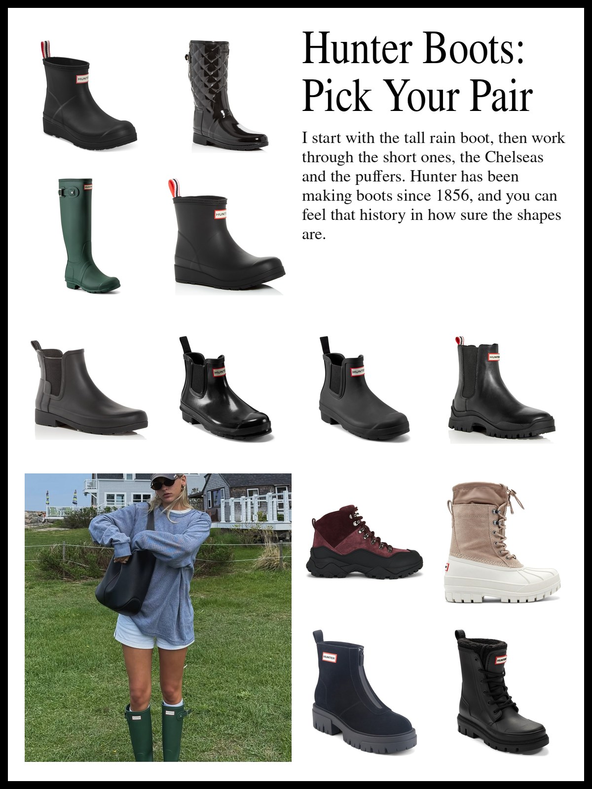 A collage of Hunter tall and short rain boots, Chelsea rain boots and puffer booties, and a mood photo of an oversized sweatshirt, white shorts and green tall Hunter boots.