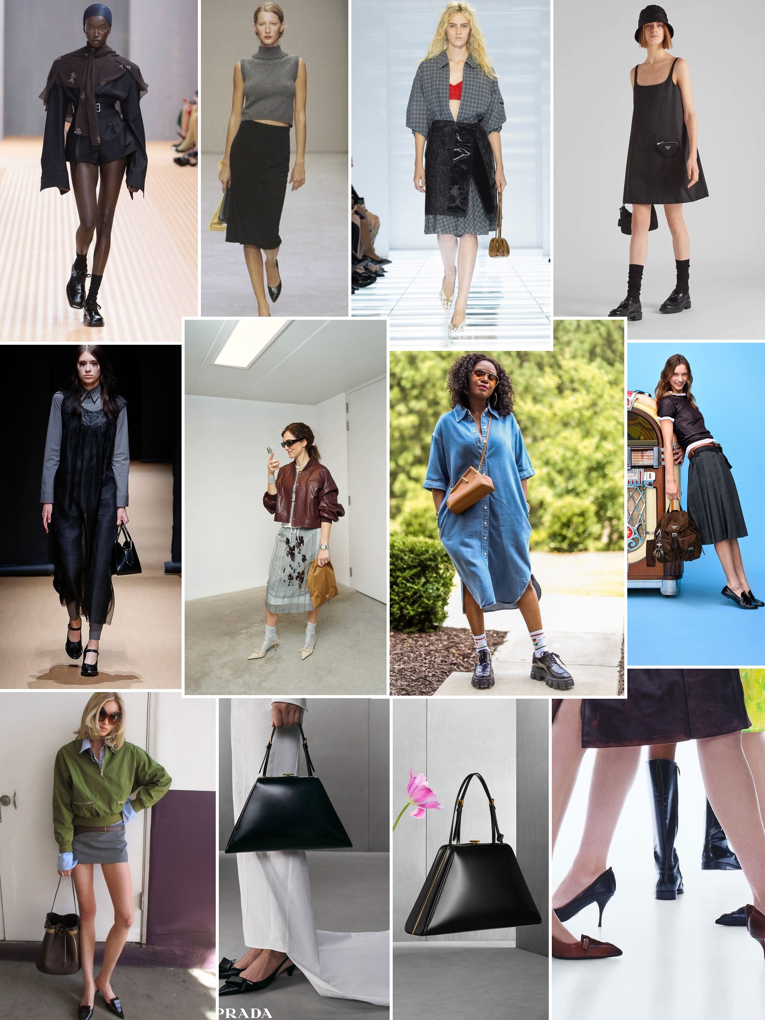 Collage of runway looks, campaign shots and street style outfits that capture the Prada mood