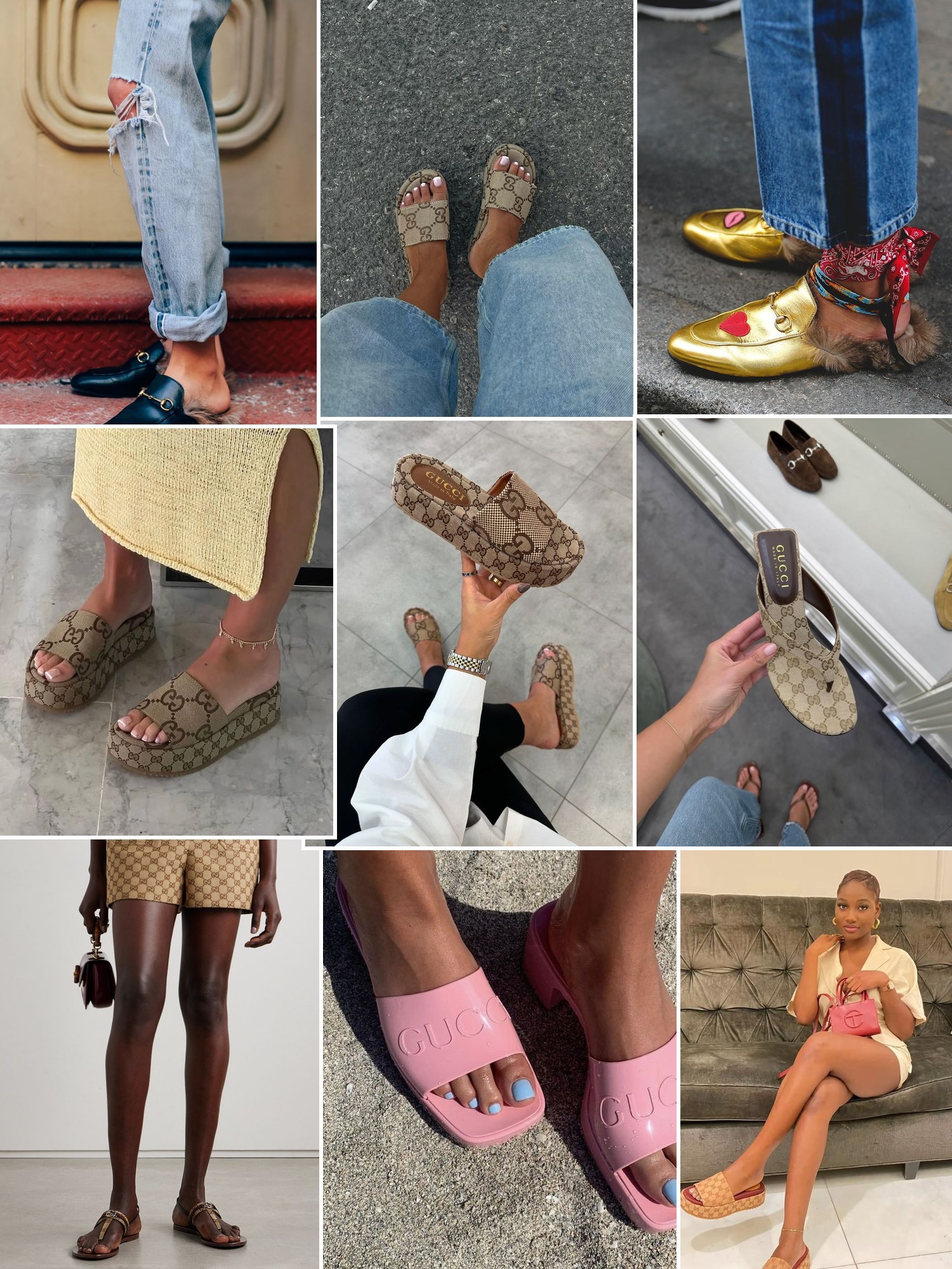 Collage of everyday outfits built around Gucci slides