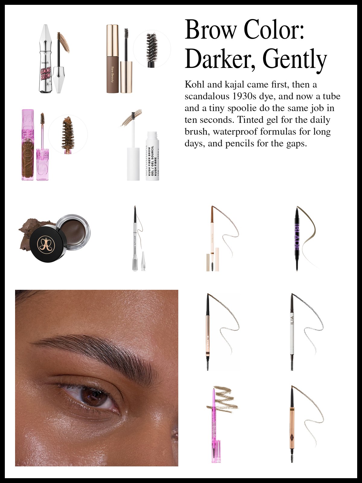 Collage of tinted brow gels, waterproof brow pencils and a pomade beside a studio photo of a tall gray tube standing in a loose ribbon of sugar-dusted pink candy on a white background.