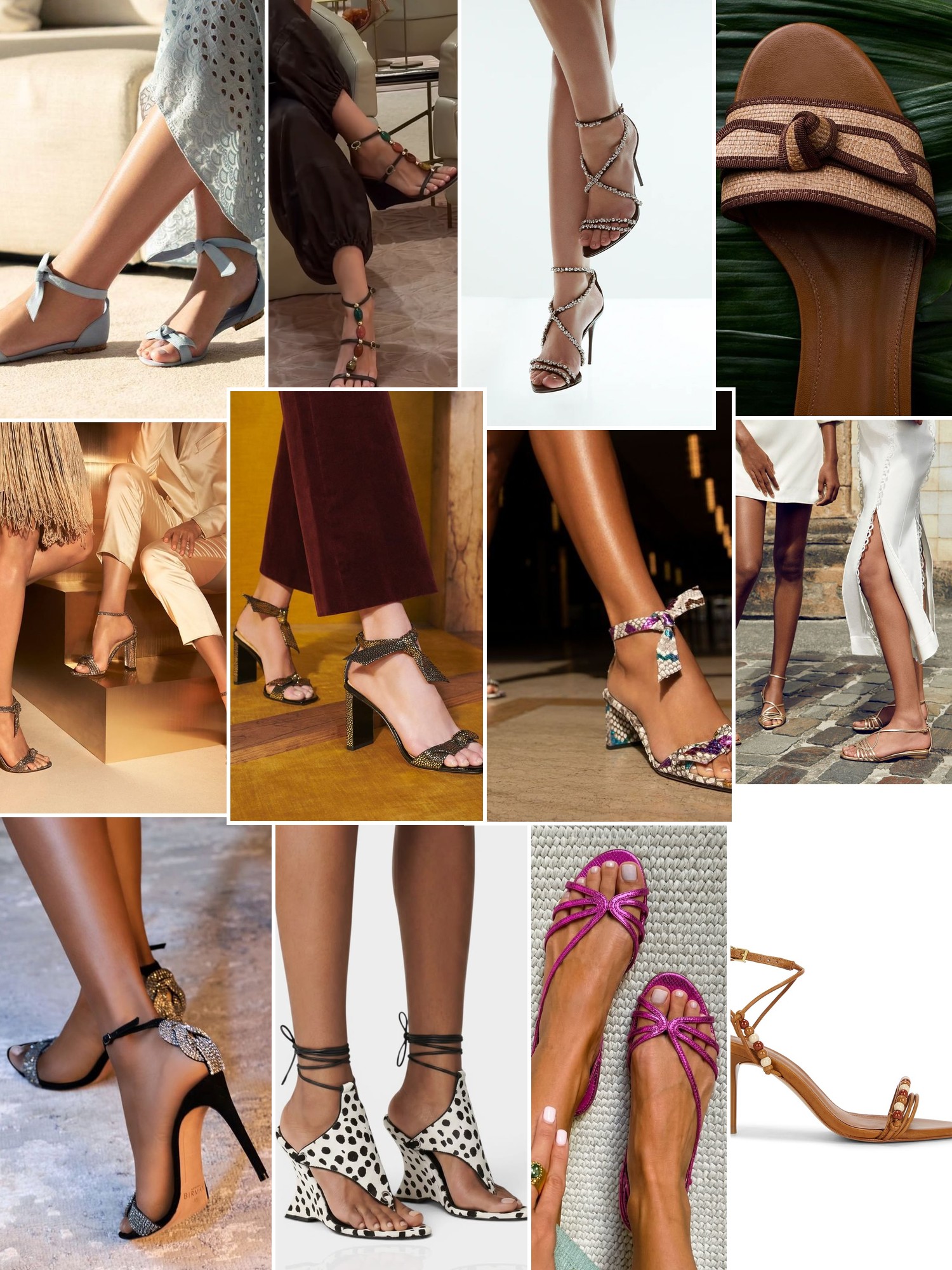 Collage of shoes styled with city, runway and evening outfits that capture the Alexandre Birman mood