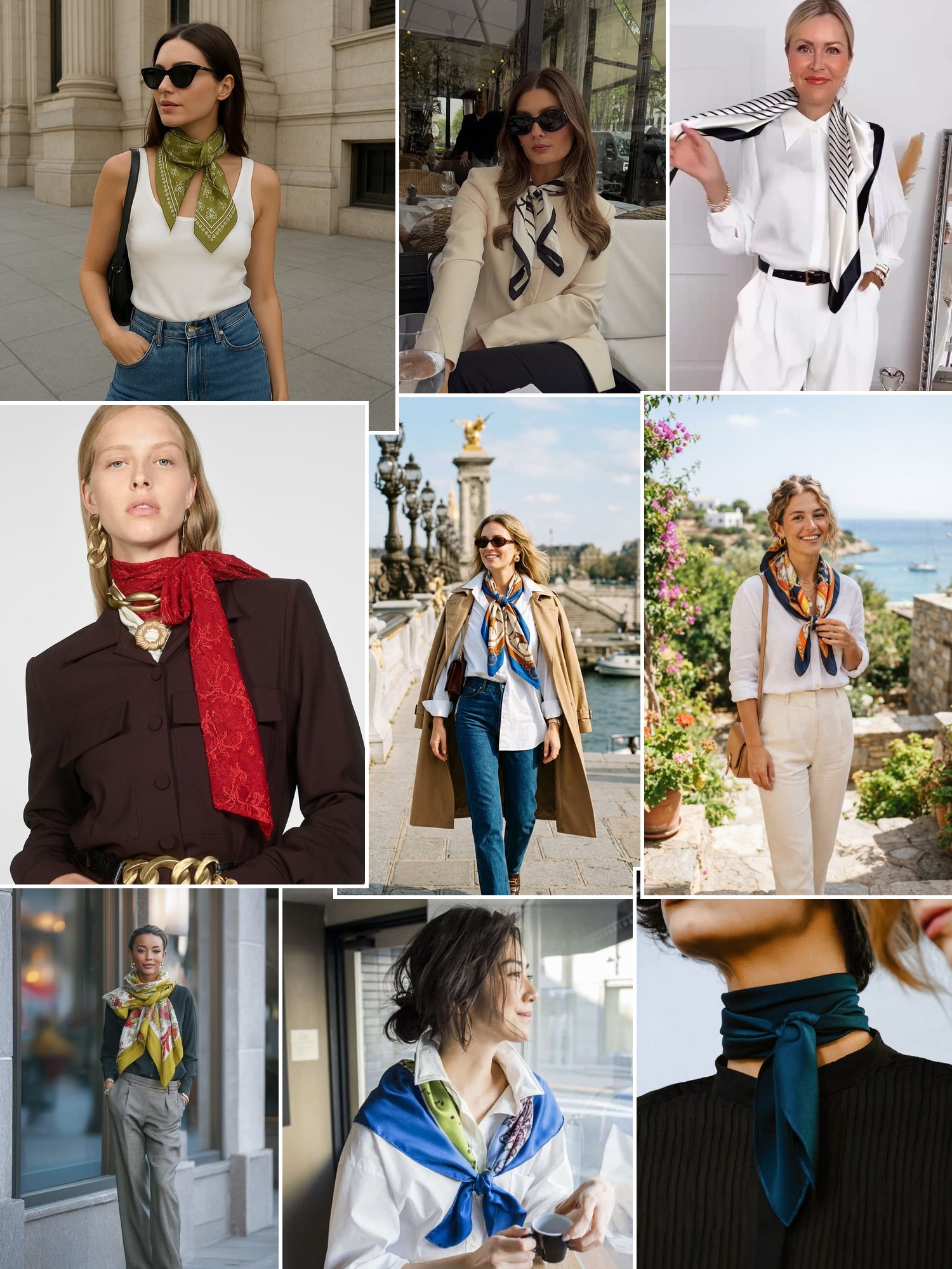 Street style collage of women wearing Silk scarf
