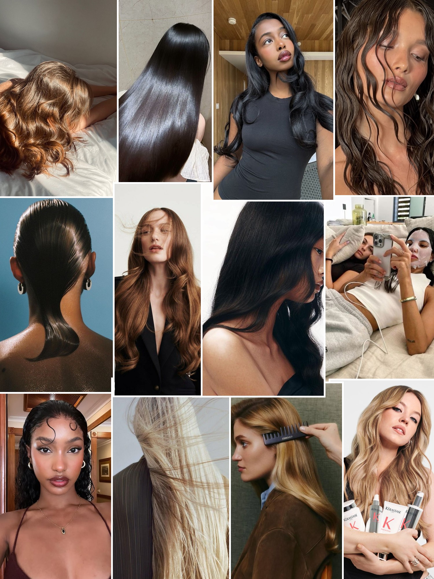 Collage of glossy brunette, blonde, and textured hairstyles with haircare rituals and salon inspired styling.