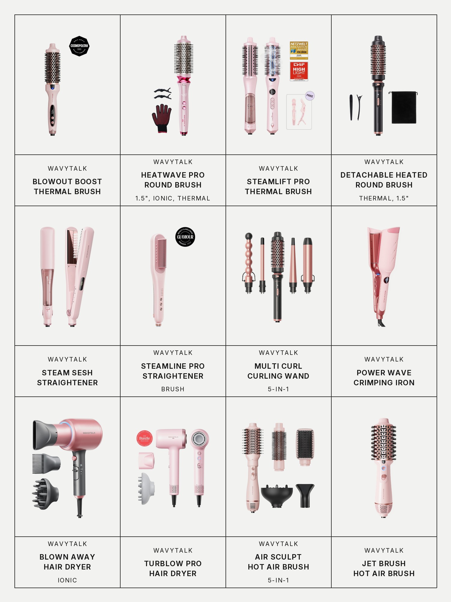 Twelve boxes on a pale grey page, one for each product in this edit, each with its brand and name printed below: Wavytalk Blowout Boost Thermal Brush, Wavytalk Heatwave Pro 1.5" Ionic Thermal Round Brush, Wavytalk Steamlift Pro Thermal Brush, Wavytalk Thermal Brush 1.5" Detachable Heated Round Brush, Wavytalk Steam Sesh Hair Straightener, Wavytalk Steamline Pro Straightener Brush, Wavytalk Multi Curl 5-in-1 Curling Wand, Wavytalk Power Wave Crimping Iron, Wavytalk Blown Away Ionic Hair Dryer, Wavytalk Turblow Pro Hair Dryer, Wavytalk Air Sculpt 5-in-1 Hot Air Brush and Wavytalk Jet Brush Hot Air Brush.