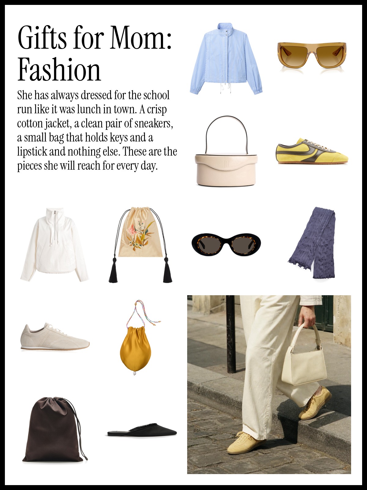 Gifts for Mom: Fashion collage of a light jacket, sneakers, top-handle bags, sunglasses and silk scarves