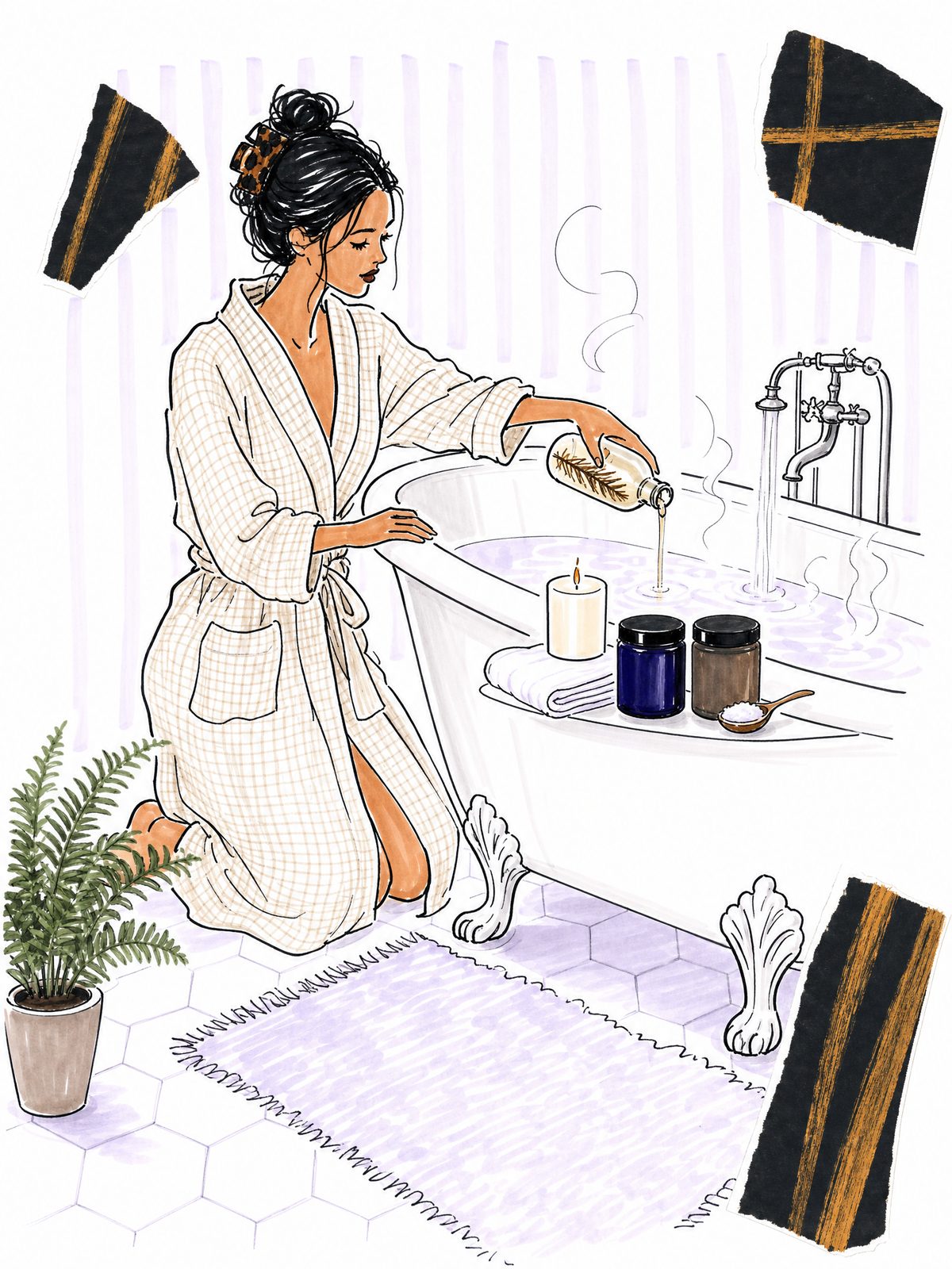 Illustration of a woman with a claw clip in a waffle robe kneeling by a clawfoot tub, pouring golden pine bath oil into the running water, with a cobalt bath soak jar, a smoky bath salt jar and a candle on the tub ledge