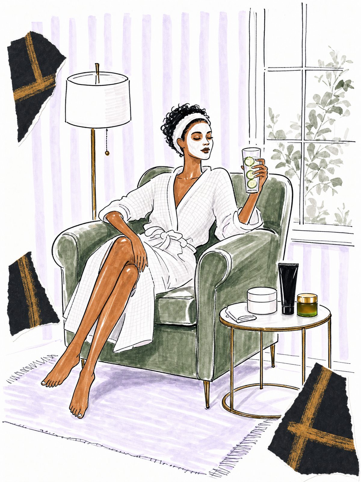 Illustration of a woman in a white robe and terry headband with a white face mask on, relaxing in a sage velvet armchair with cucumber water, three face masks on the side table