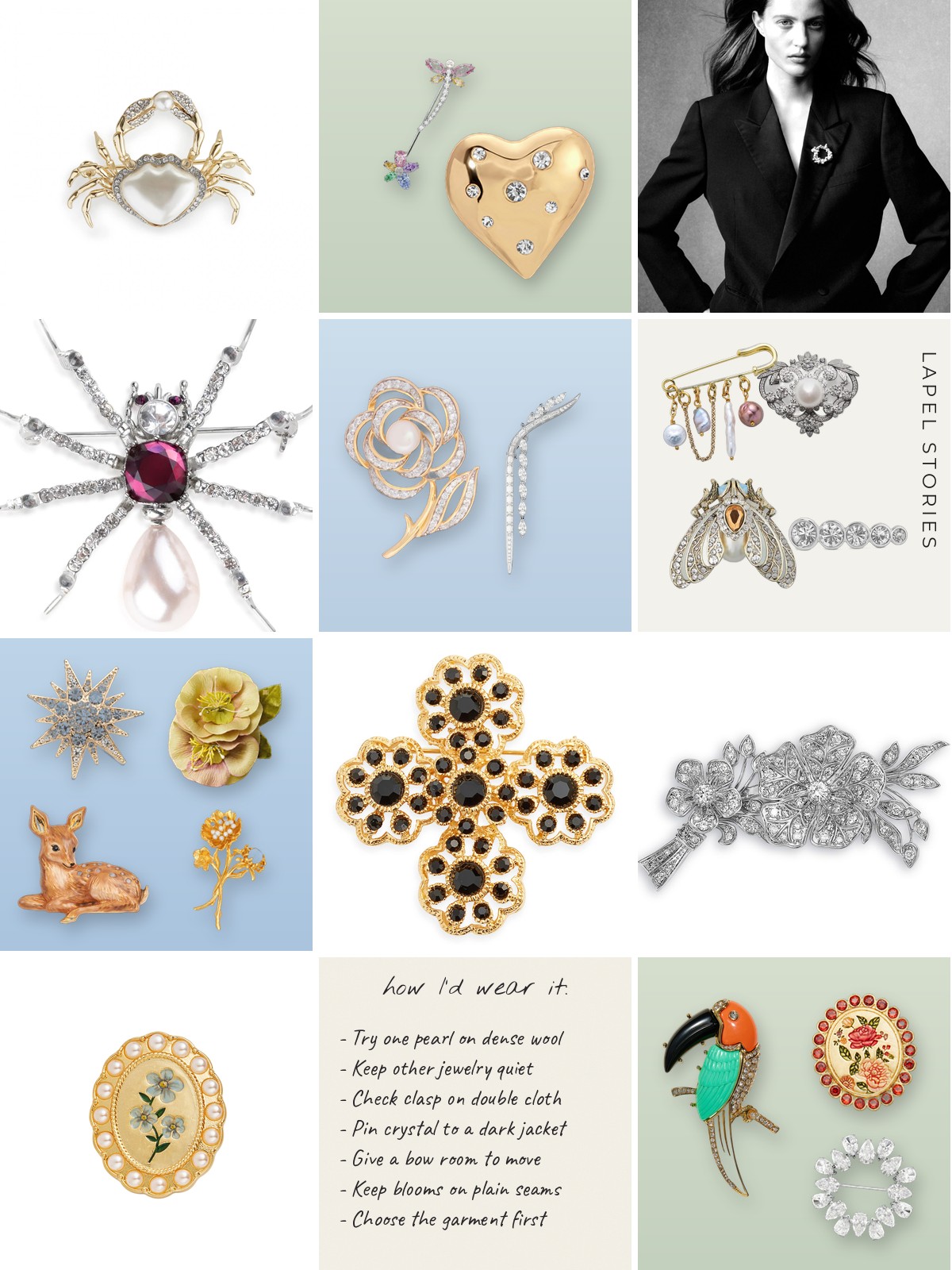 Collage: twenty Brooch products with a how I would wear it note