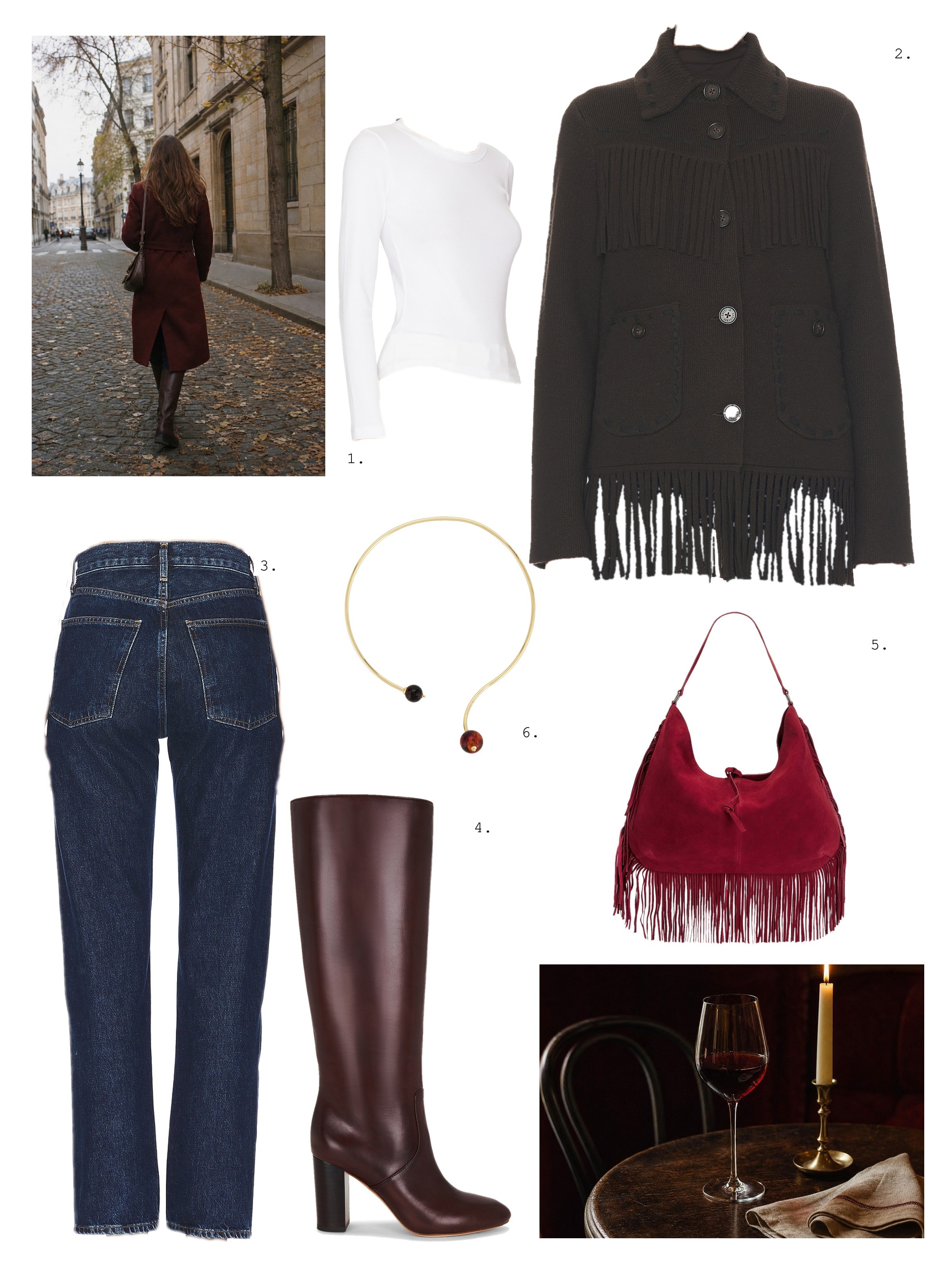 Outfit collage: white long sleeve top, dark brown fringe jacket, dark straight jeans, tall oxblood leather boots, a burgundy suede fringe bag and a gold collar necklace, with a street photo of a woman in a burgundy coat and a glass of red wine by candlelight.