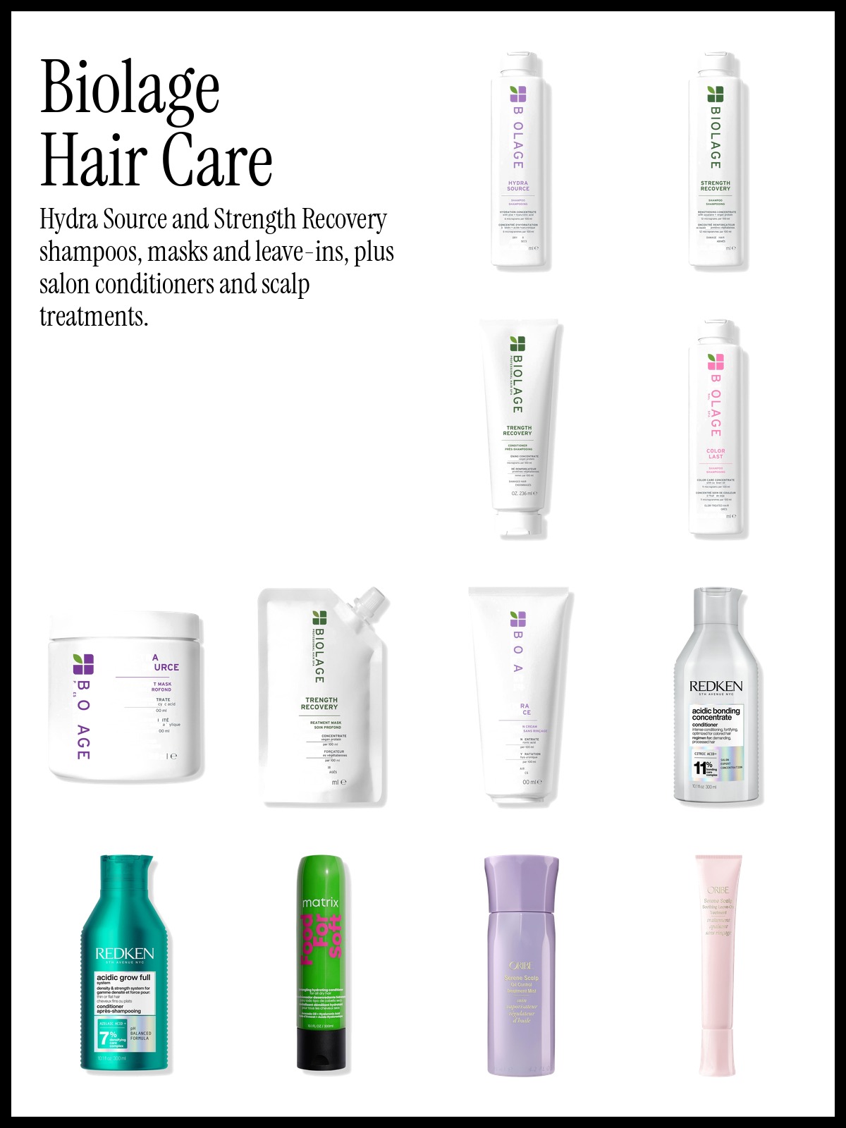 Collage of Biolage Hydra Source Shampoo for Dry Hair, Ultra Hydra Source Deep Treatment Mask and Redken Acidic Bonding Concentrate Conditioner