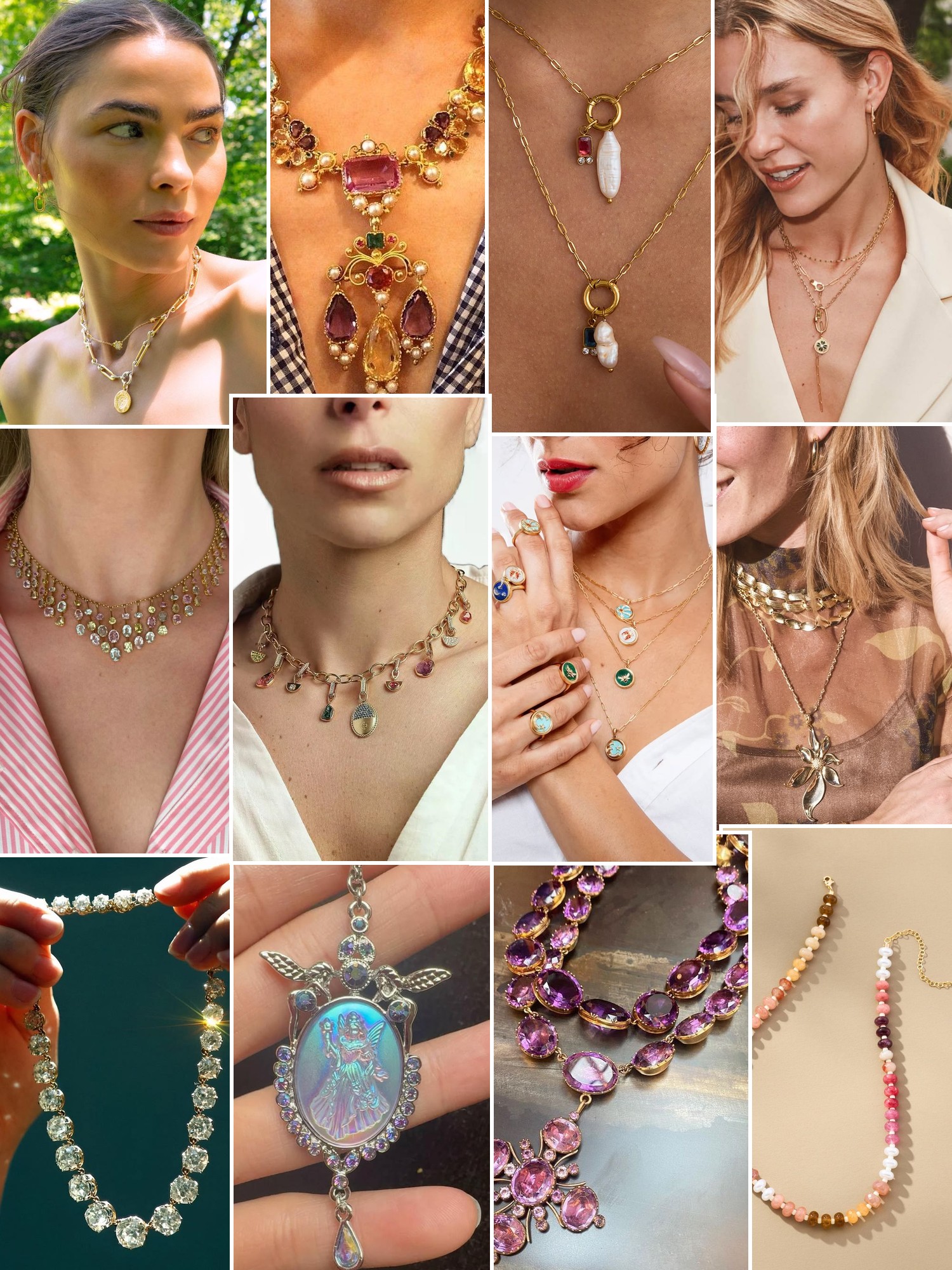 Collage of rings, earrings and layered necklaces worn up close, in the spirit of Kentshire