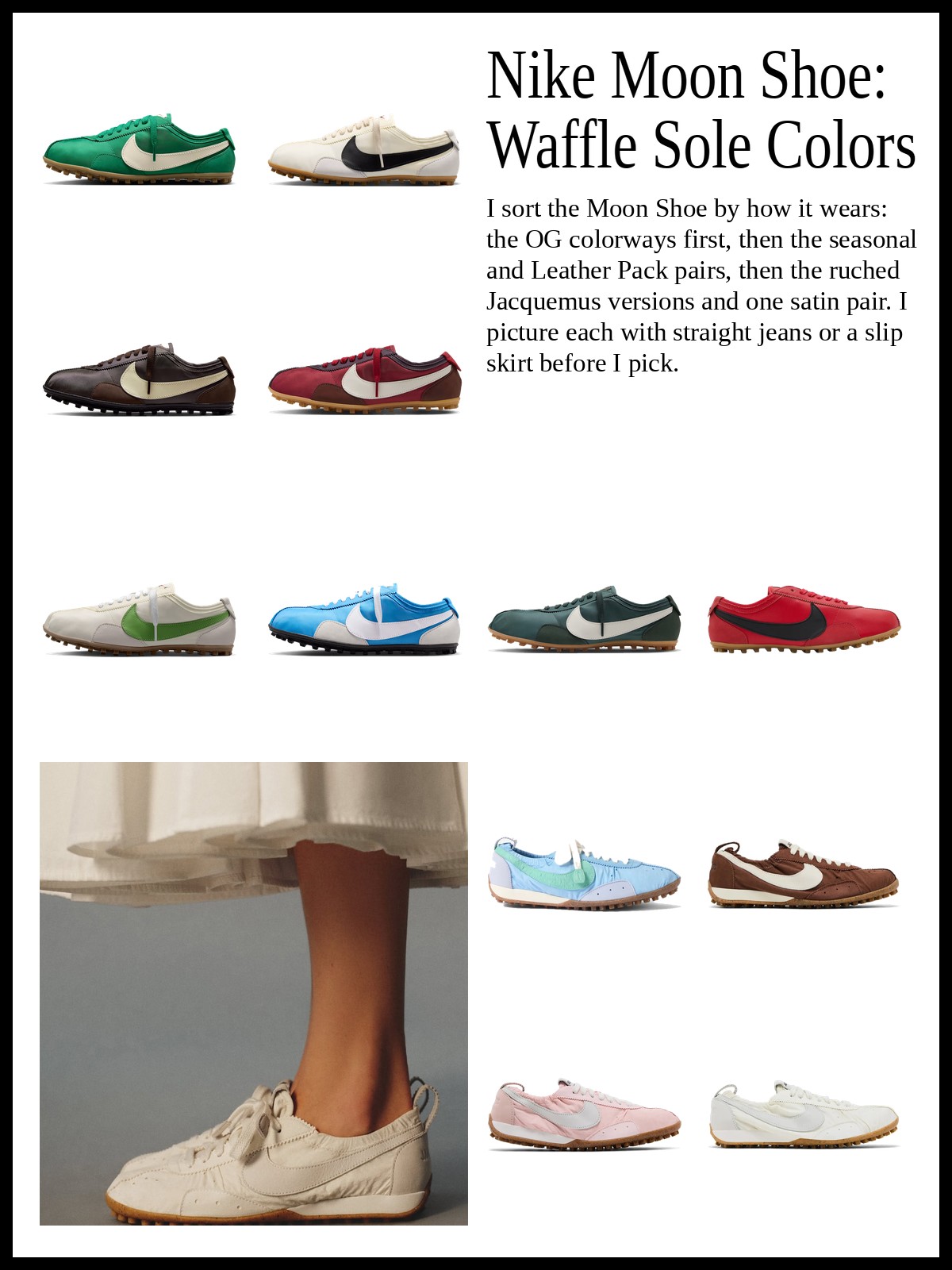Collage of OG nylon waffle-sole runners, seasonal and leather sneakers, and ruched nylon and satin sneakers, with a mood photo of a cream Moon Shoe worn under a white skirt.