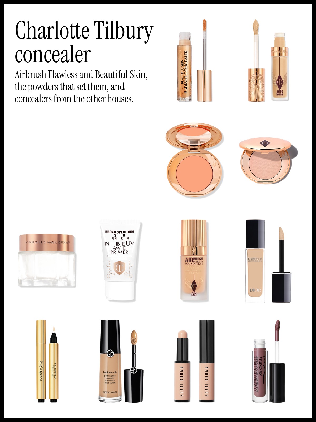 Collage of Charlotte Tilbury Beautiful Skin Radiant Concealer, Charlotte Tilbury Magic Cream and Dior Forever Skin Correct Concealer