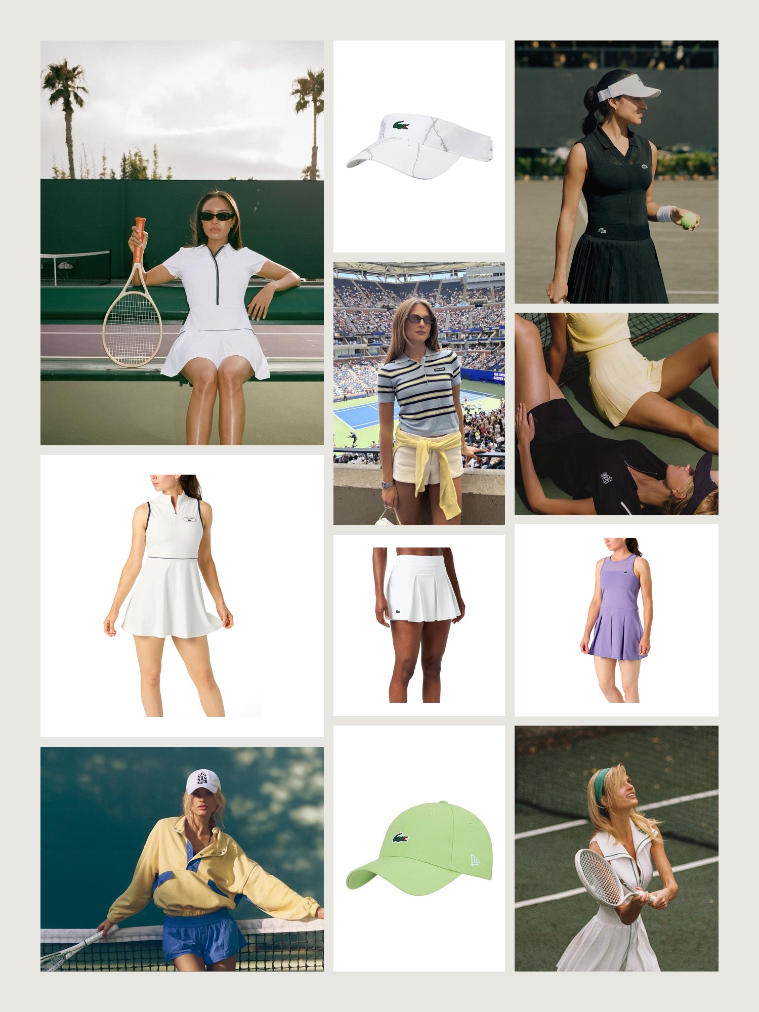 A tennis club mood board with players in white tennis dresses, a striped polo at a stadium, a visor, a pleated skirt and a green Lacoste cap