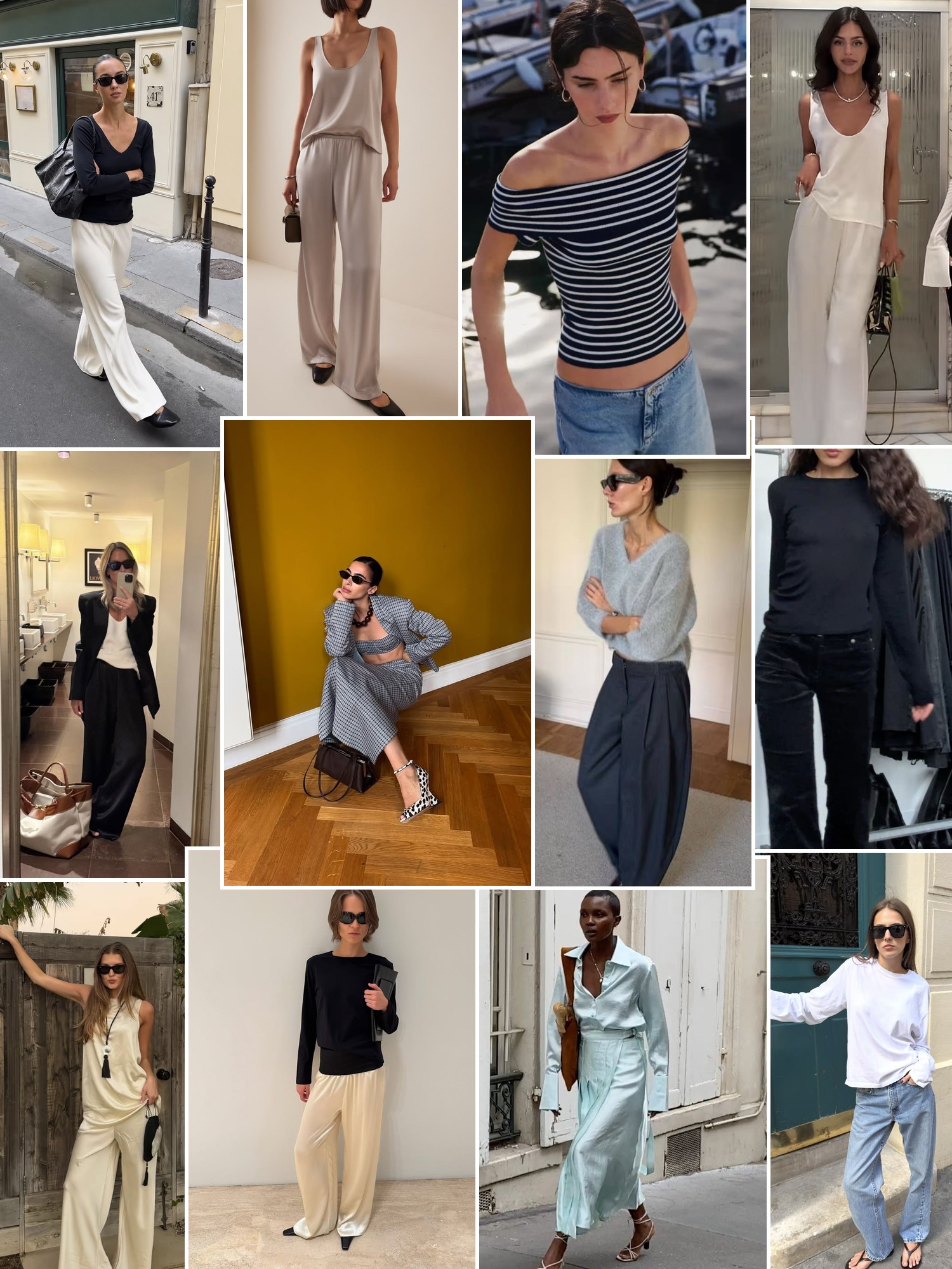 Collage of runway looks, campaign shots and street style outfits that capture the MAJESTIC FILATURES mood