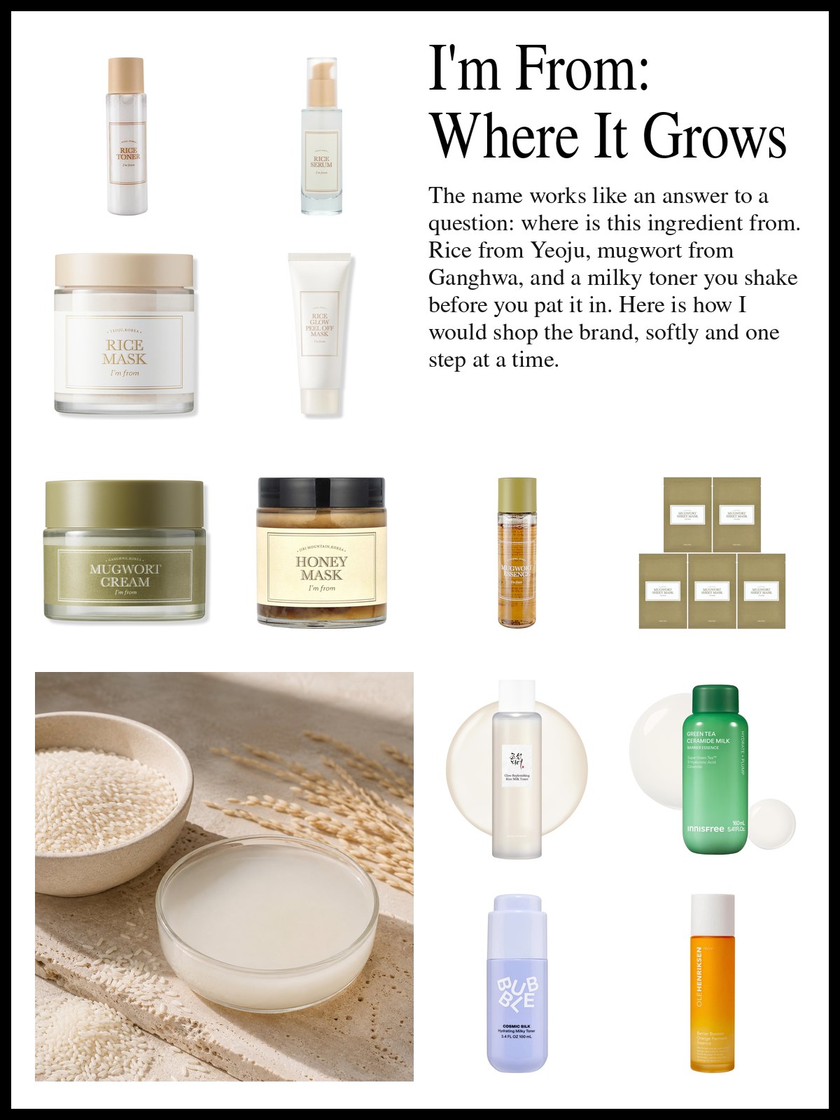 Collage of a rice toner mini, rice serum and masks, mugwort cream and essence, and milky toner bottles, and a mood photo of a bowl of rice beside a dish of milky rice water.