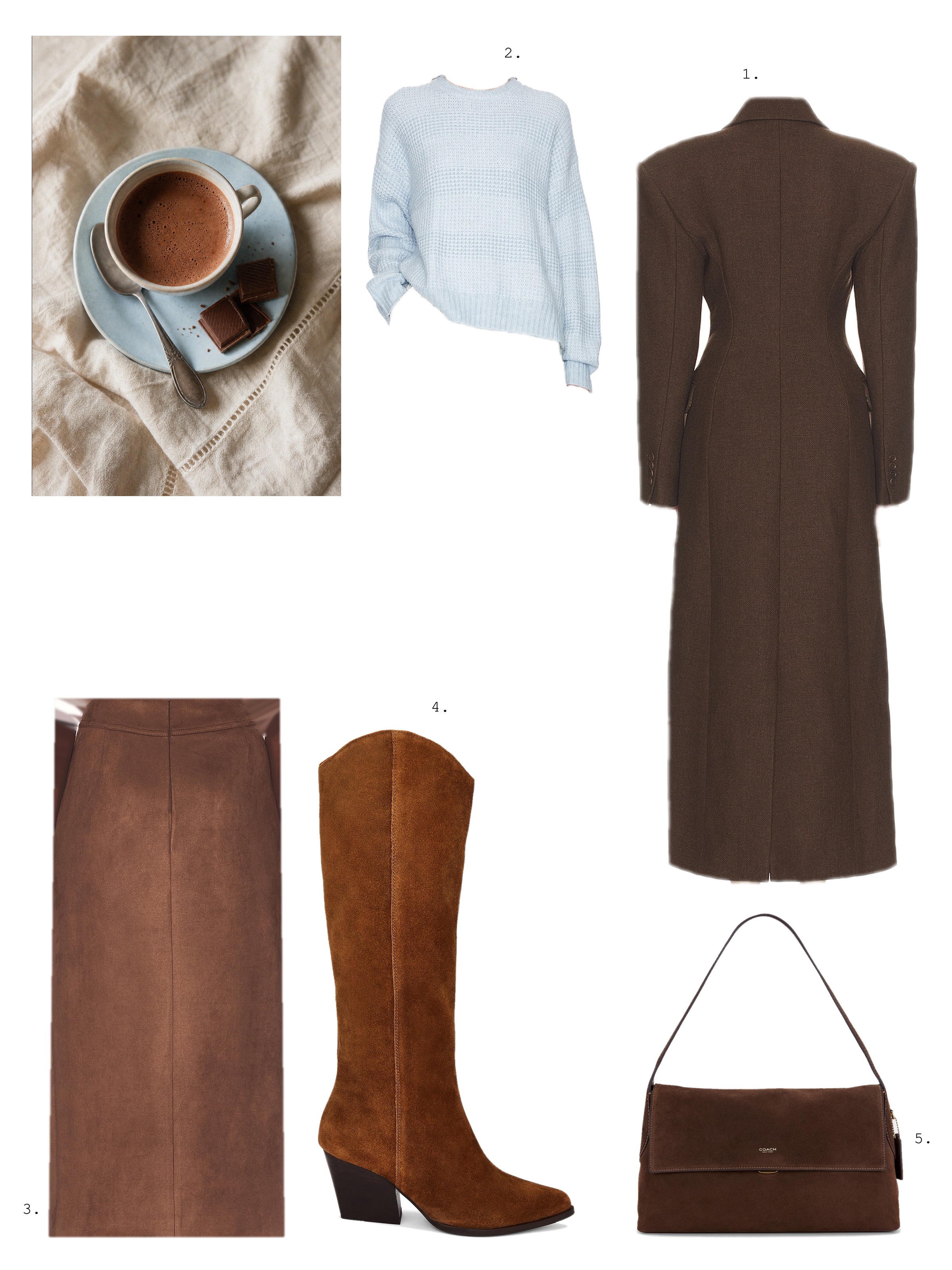 Brown and blue moodboard collage: a photo of hot chocolate on a blue saucer beside a long chocolate coat, a sky blue sweater, a brown faux suede midi skirt, cognac suede western boots and a dark brown suede shoulder bag.