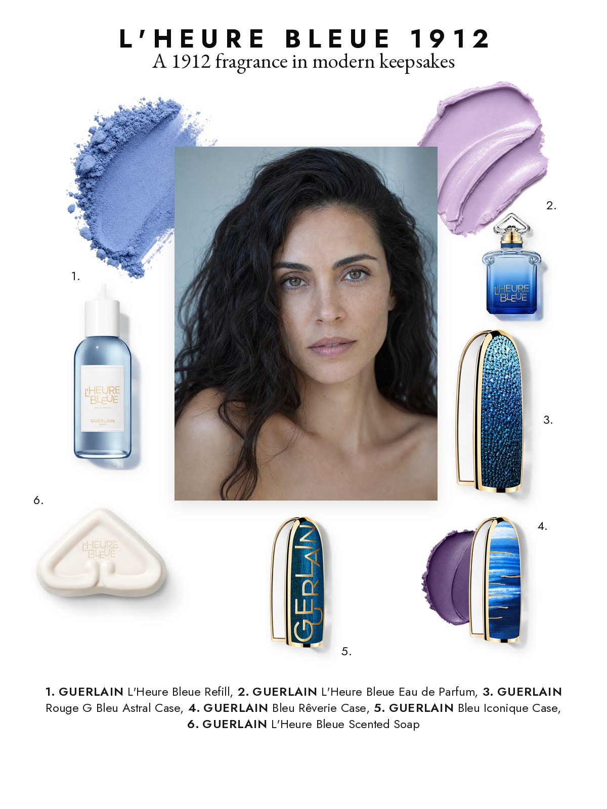 Magazine-page collage featuring Guerlain L’Heure Bleue perfume, cases, refill, and scented soap.