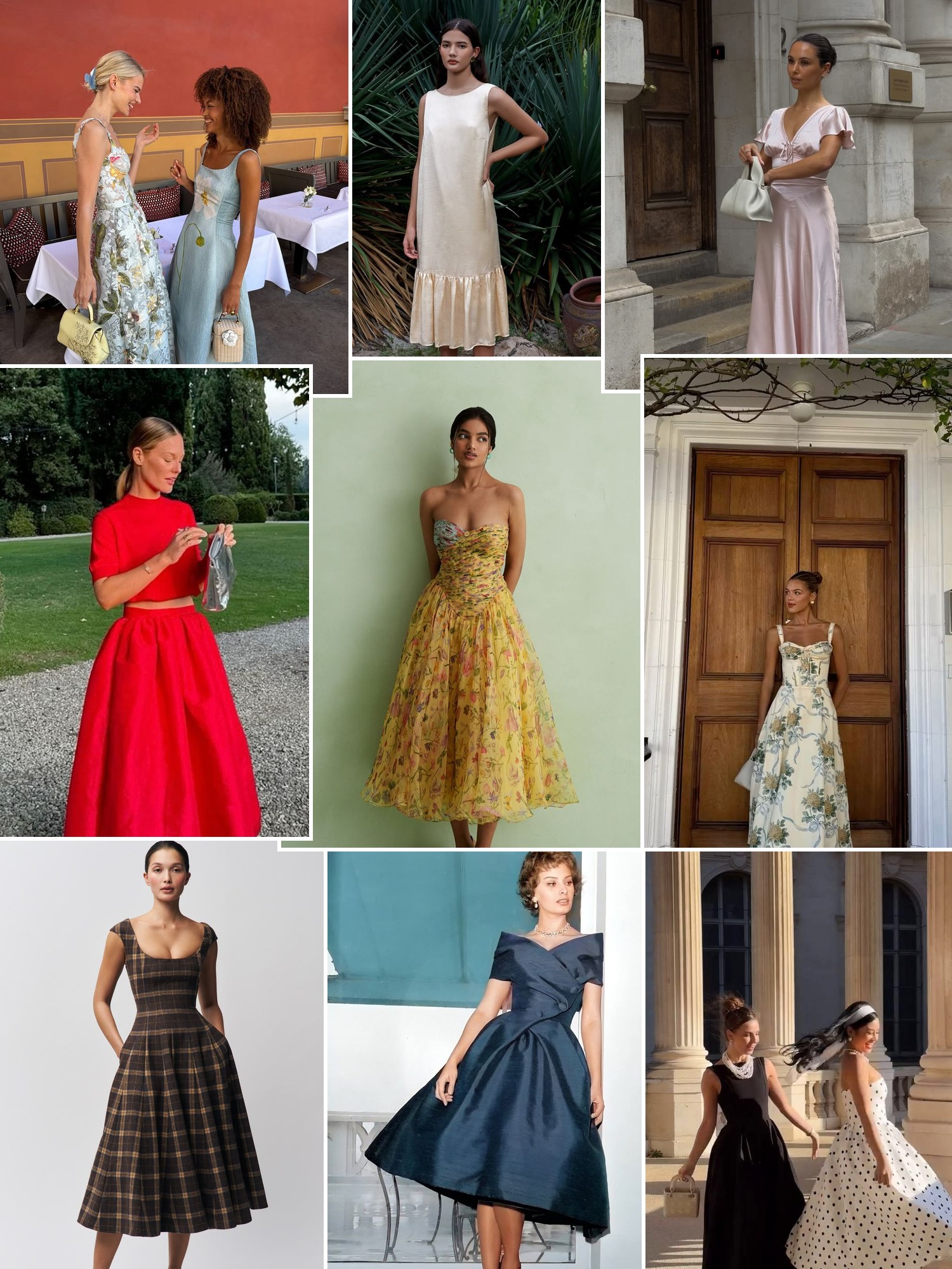 Collage of everyday outfits built around tea length formal dresses