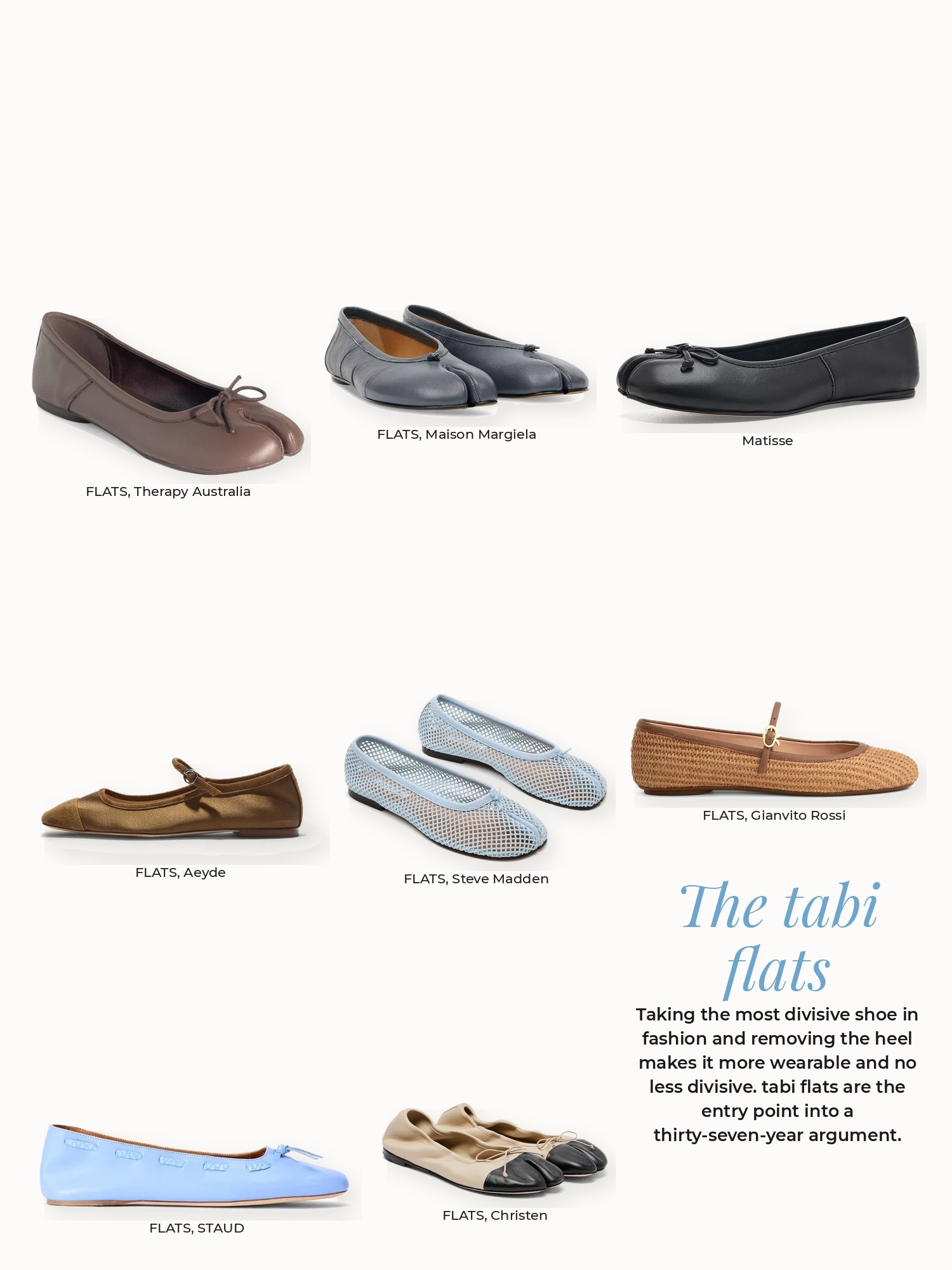 Tabi flats collage: Aeyde, Christen, Gianvito Rossi, Maison Margiela, Matisse, STAUD, Steve Madden, Therapy Australia