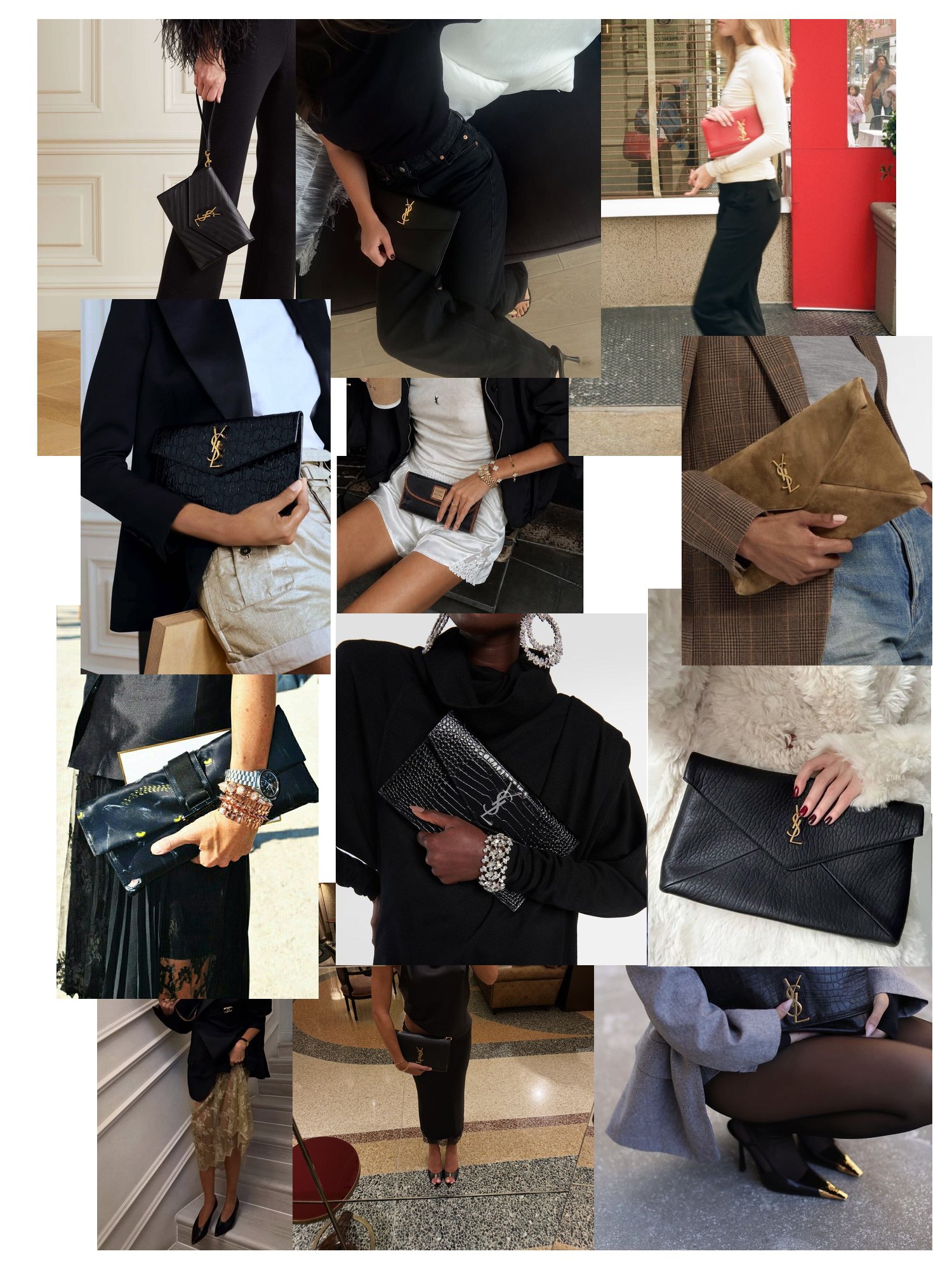 Collage of outfit photos styled with Saint Laurent envelope clutches and black evening looks