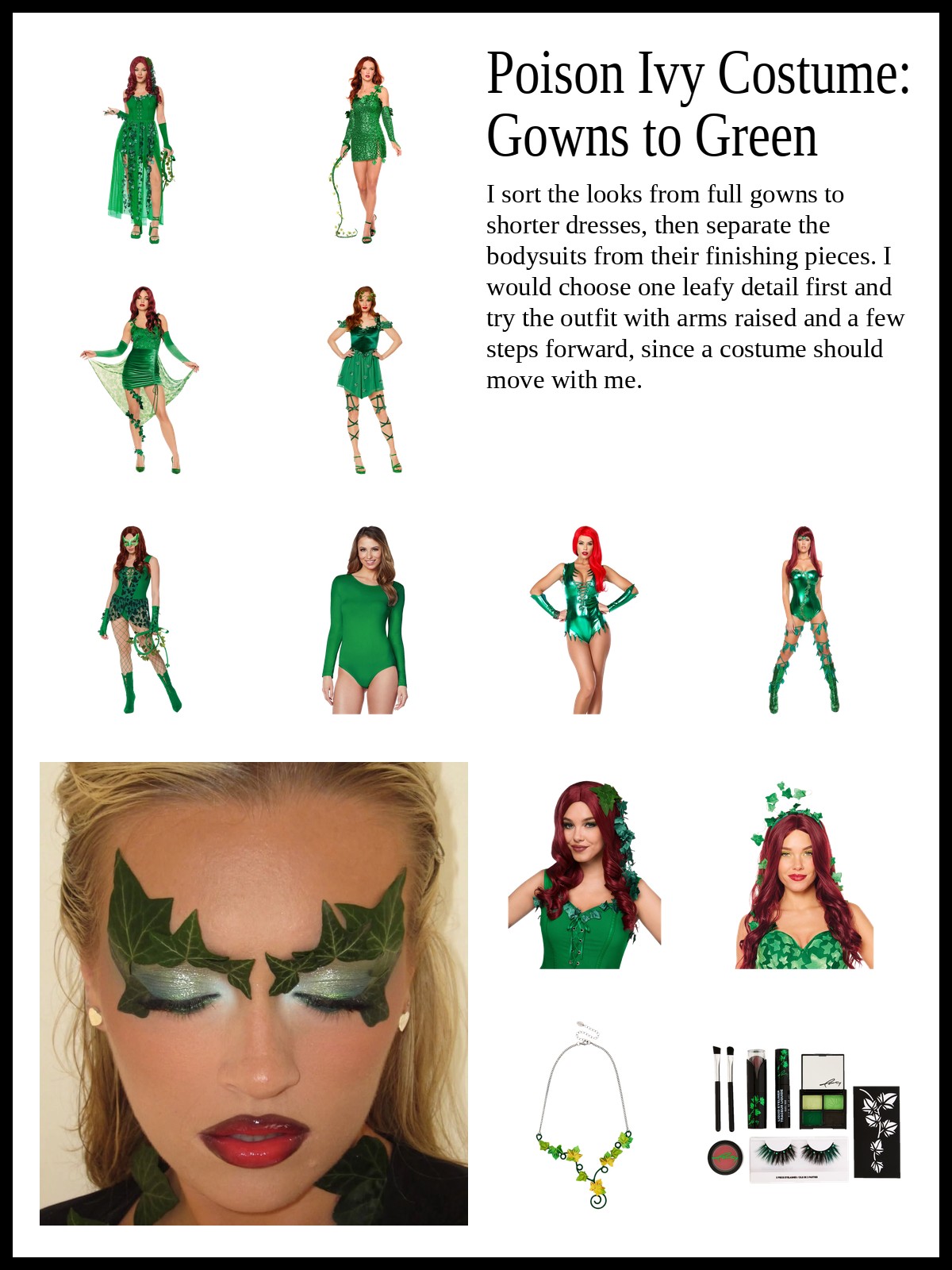 Collage of Poison Ivy dresses and gowns, bodysuits and costume pieces, and wigs, jewelry, and makeup, plus a mood photo of ivy-inspired eye makeup