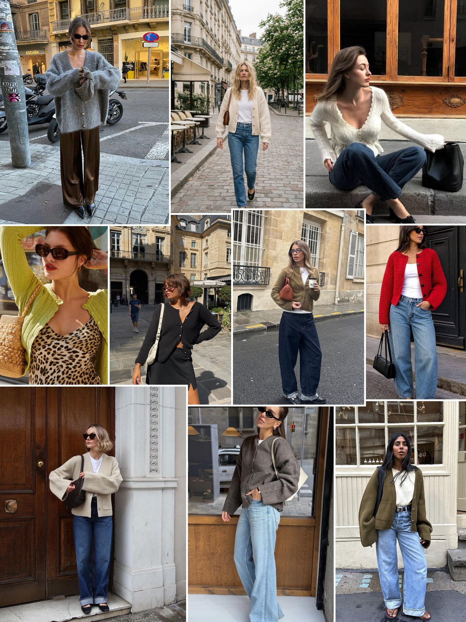 Collage of chunky cardigans with gold buttons and similar looks