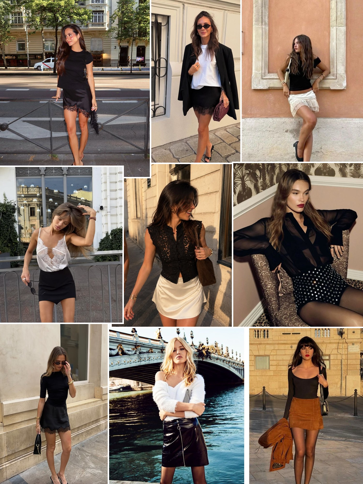 Street style collage of women in black lace tops and mini skirts at night in Paris style