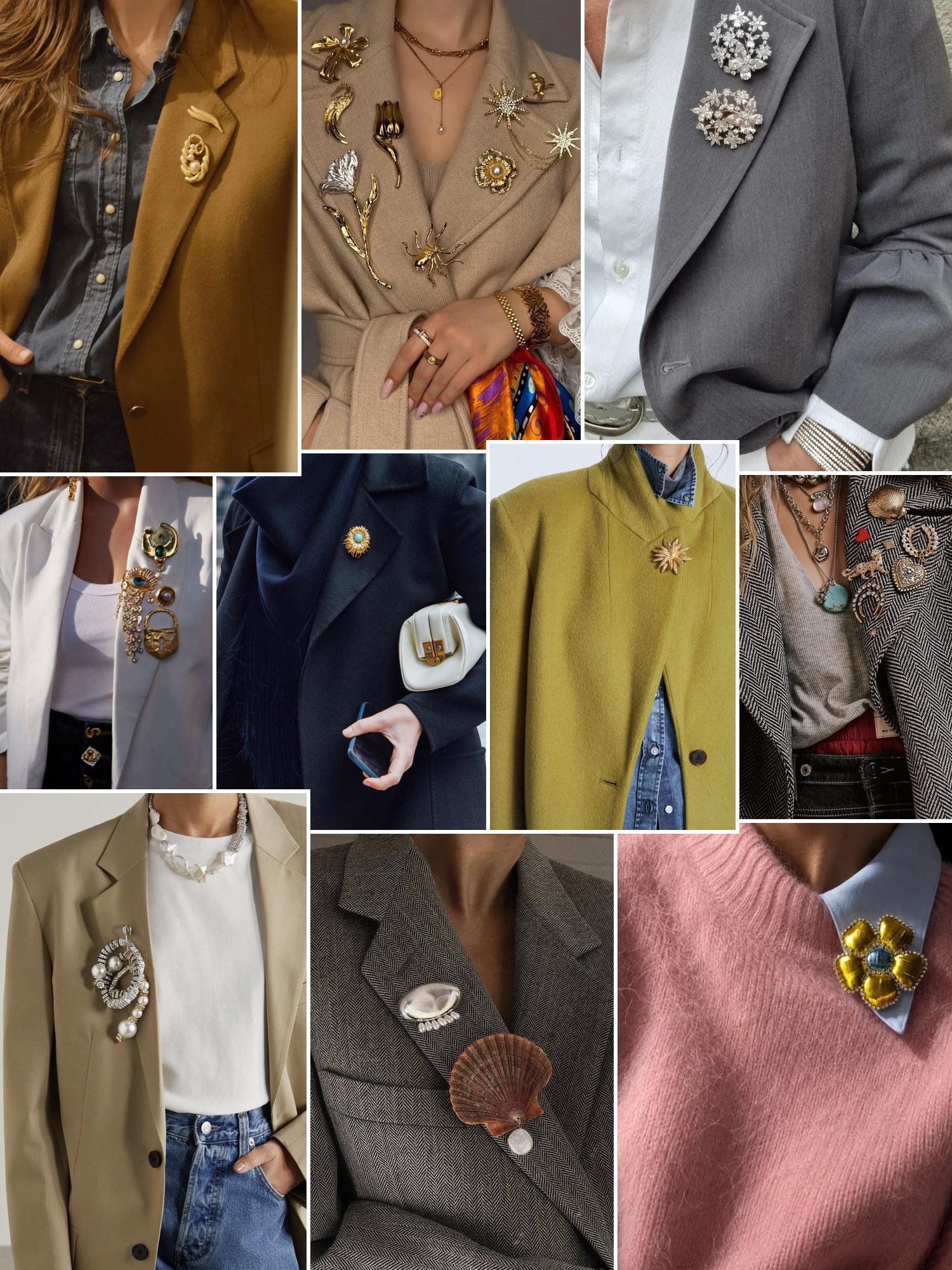 Collage of everyday outfits built around Brooch