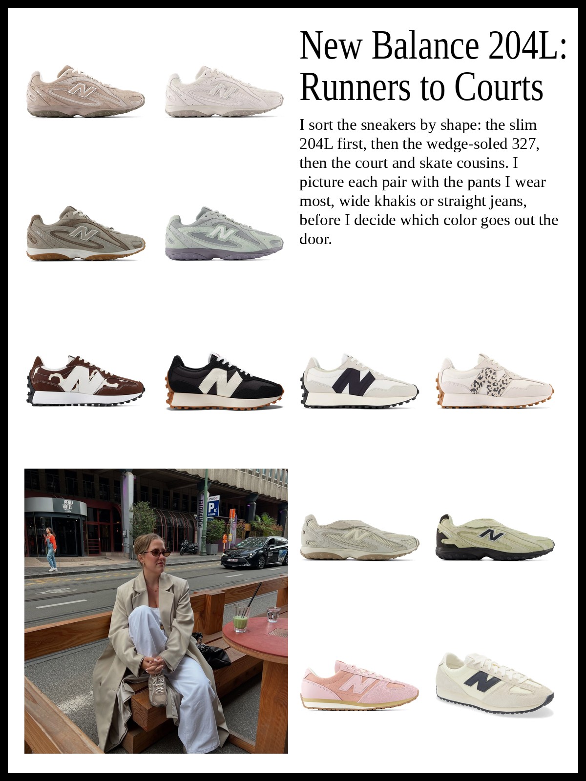 Collage of low suede runners, wedge-soled lugged runners, and court, skate and terrace low-top sneakers, and a mood photo of taupe suede runners with wide white trousers