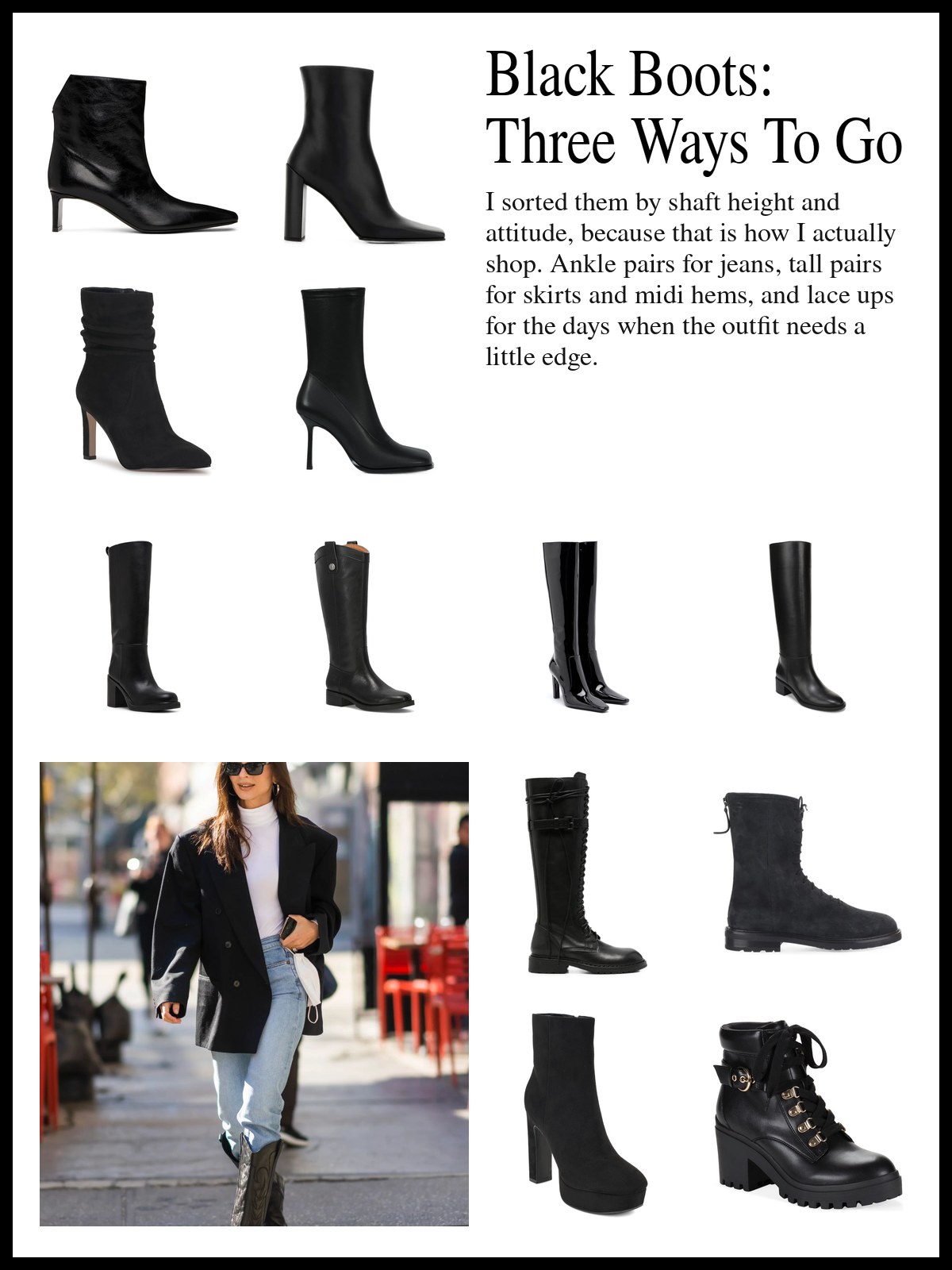 A collage of black ankle boots, Chelsea boots, knee-high riding boots, lace-up combat styles and platform booties, and a mood photo of a woman in knee high boots and a long blazer on a city street.