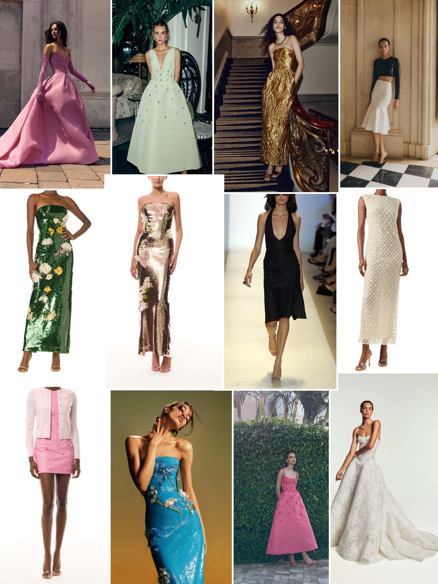 Collage of runway looks, campaign shots and street style outfits that capture the Monique Lhuillier mood