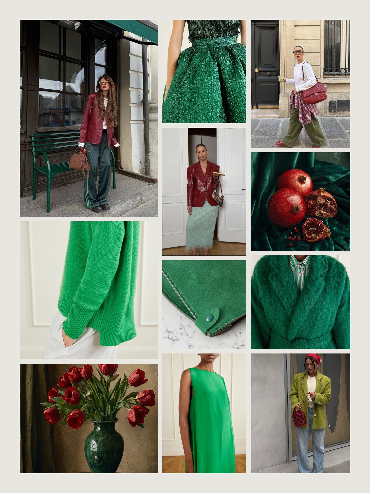 Mood board for emerald green and red outfits: four street-style photos of women wearing emerald green and red, close-ups of the Lisa Yang cashmere sweater, the Dima Ayad maxi skirt, the Métier shoulder bag, the Staud maxi dress and the Marrakshi Life woven coat from this edit, and two still lifes in both colors